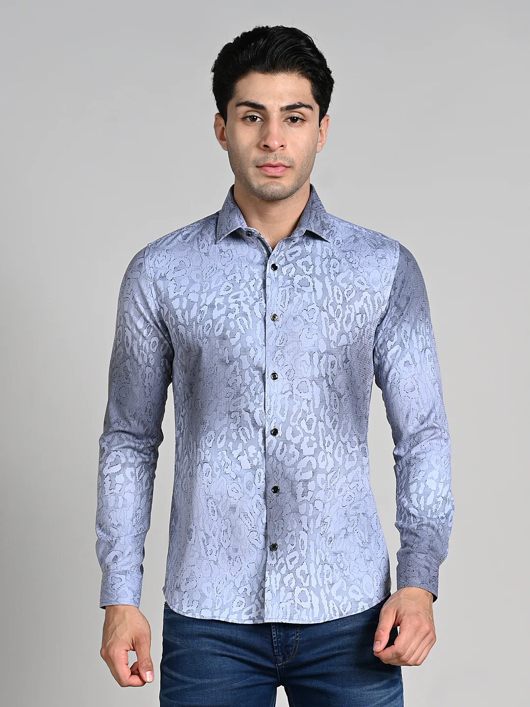 Full Sleeves Slim Fit Grey All over Abstract Round Foil Textured Print Shirt - Image 4