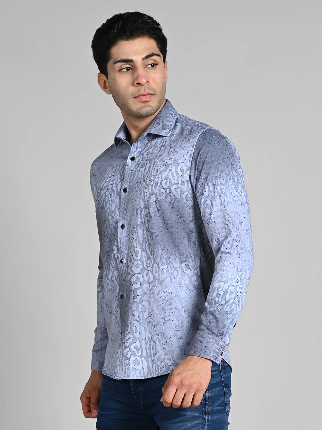 Full Sleeves Slim Fit Grey All over Abstract Round Foil Textured Print Shirt - Image 5