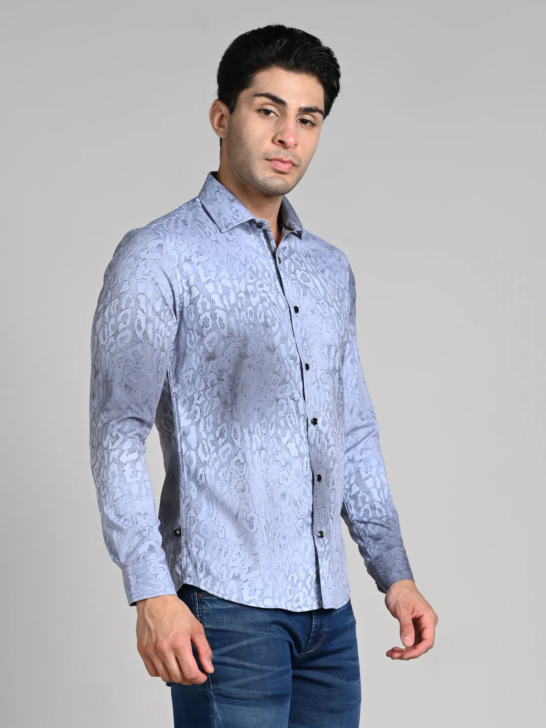 Full Sleeves Slim Fit Grey All over Abstract Round Foil Textured Print Shirt - Image 6
