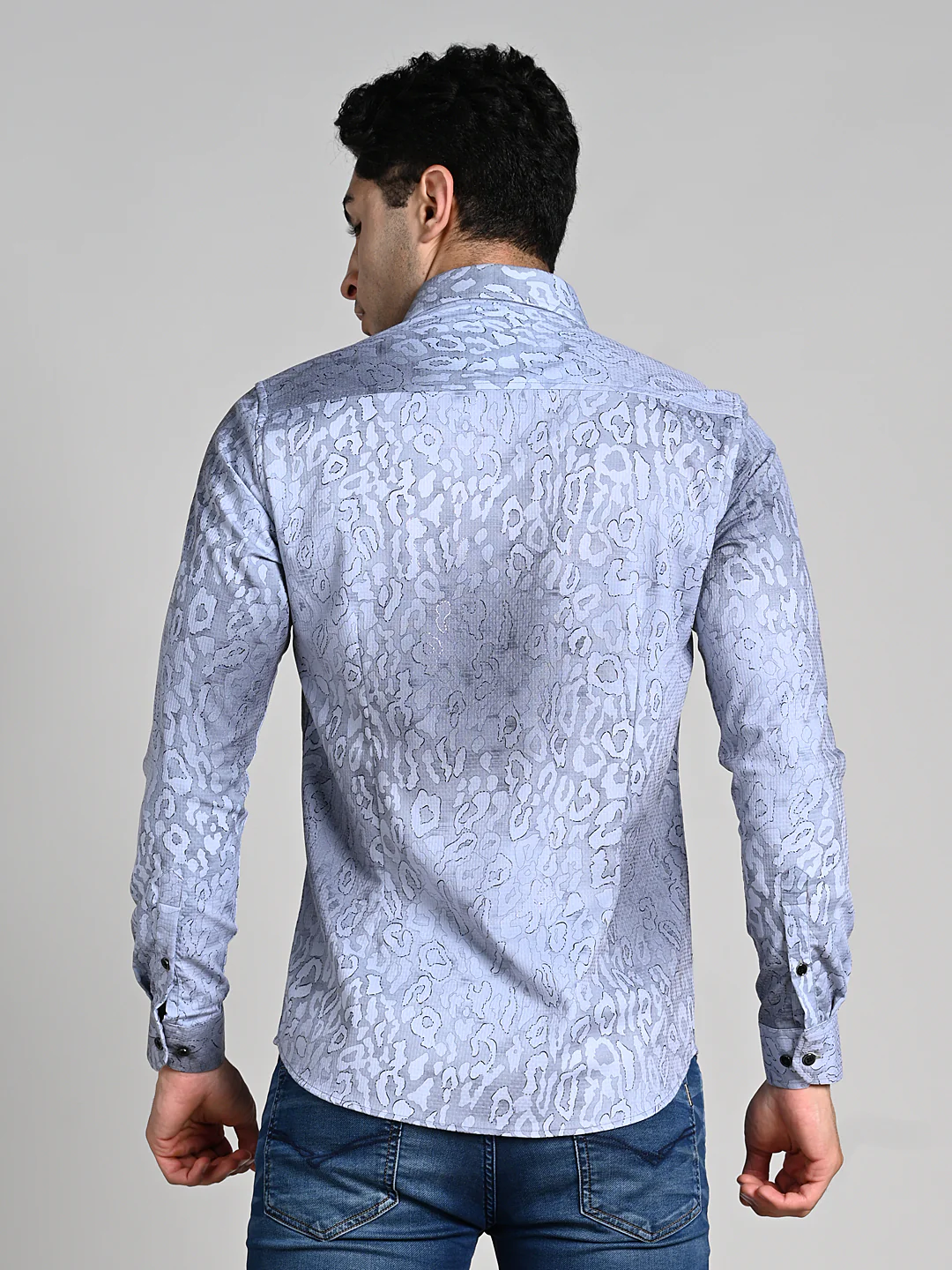 Full Sleeves Slim Fit Grey All over Abstract Round Foil Textured Print Shirt - Image 7