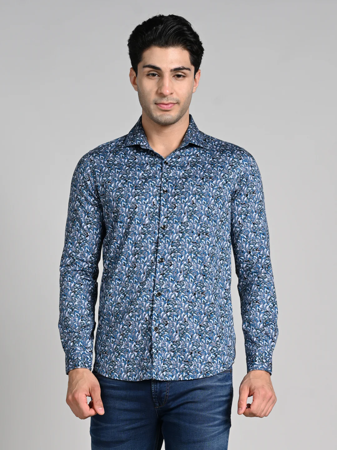 Full Sleeves Slim Fit Grey All Over Abstract Floral Floral Satin Solid Shirt - Image 4