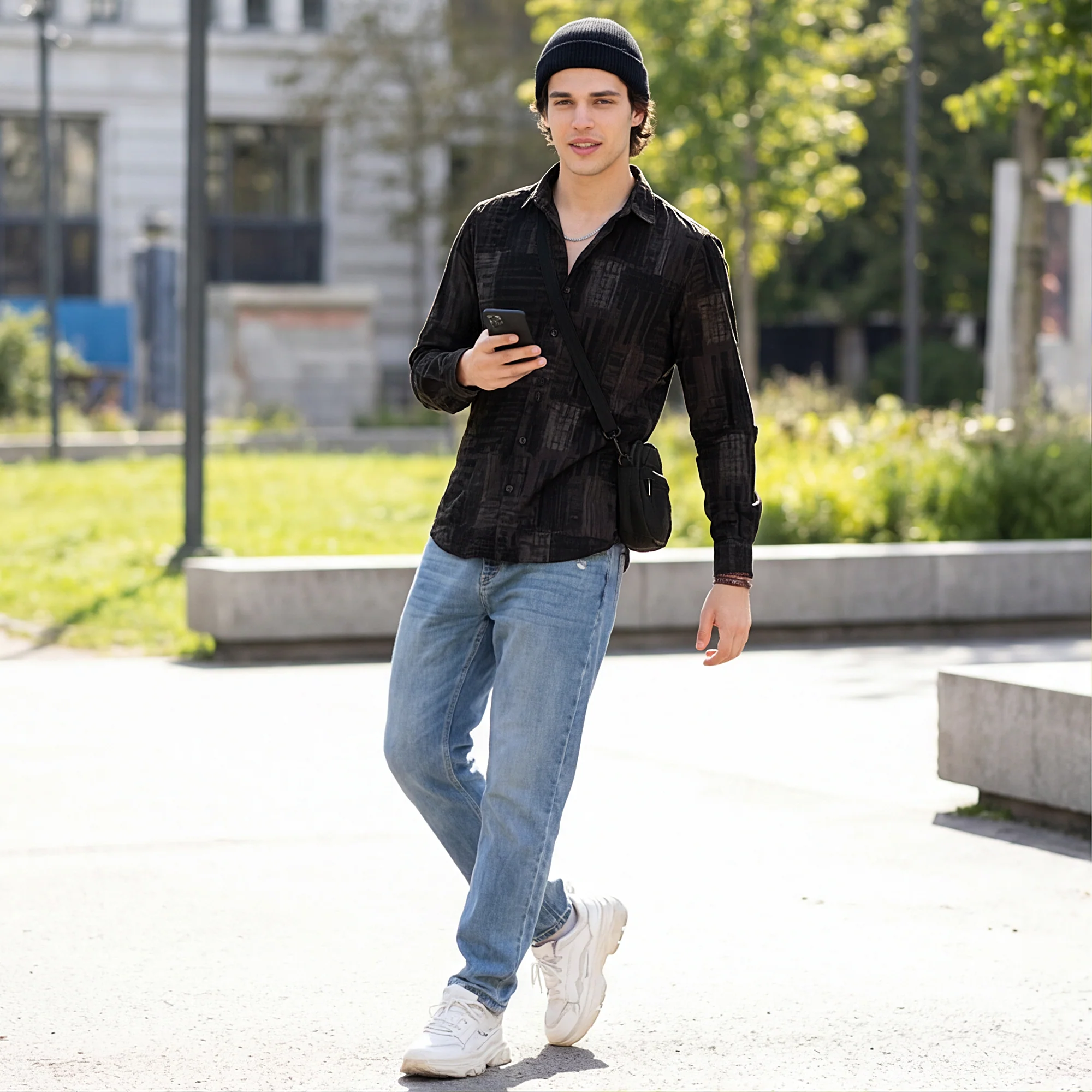 Full Sleeves Straight Fit Charcoal Grey Geometric Patchwork Corduroy Print Shirt