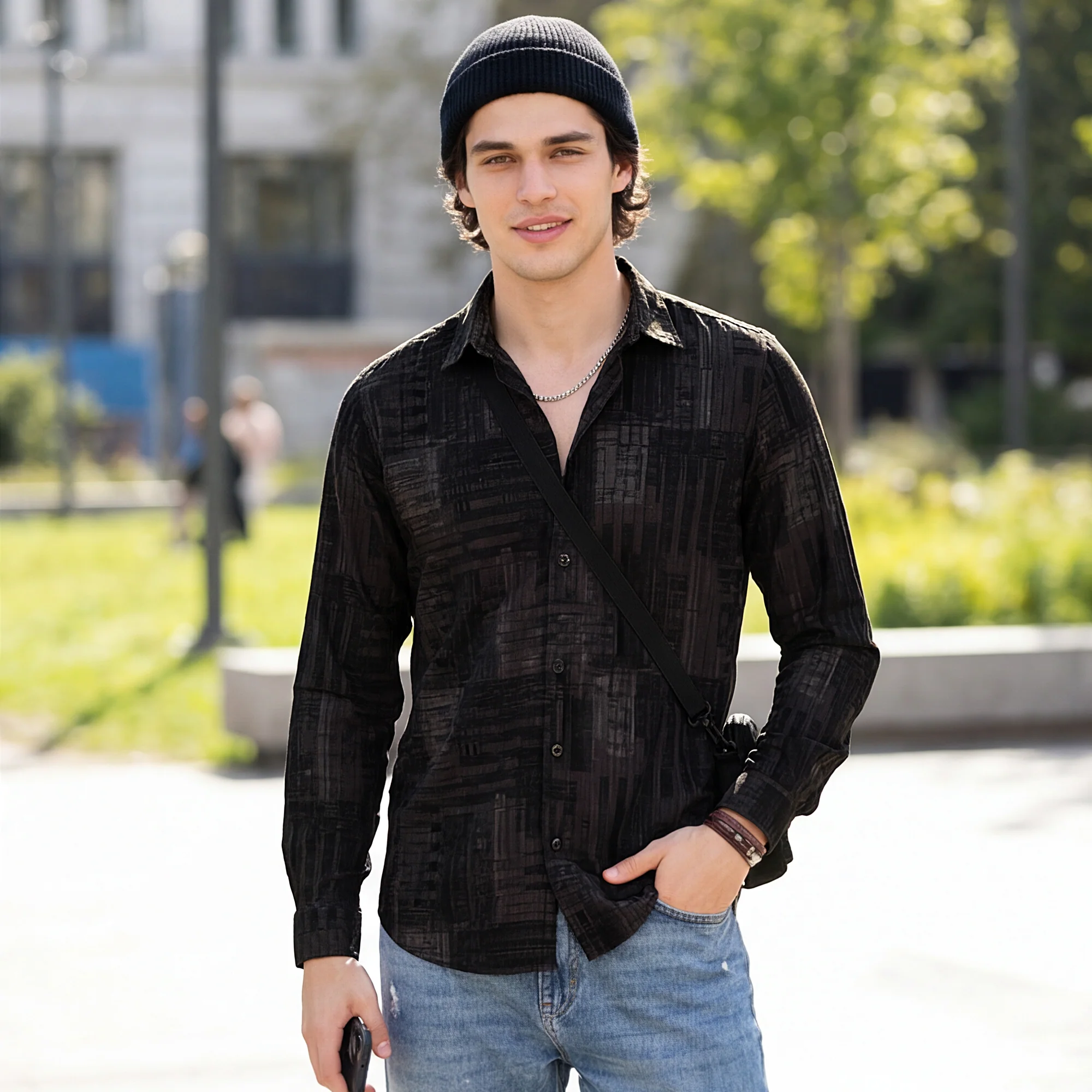 Full Sleeves Straight Fit Charcoal Grey Geometric Patchwork Corduroy Print Shirt - Image 2