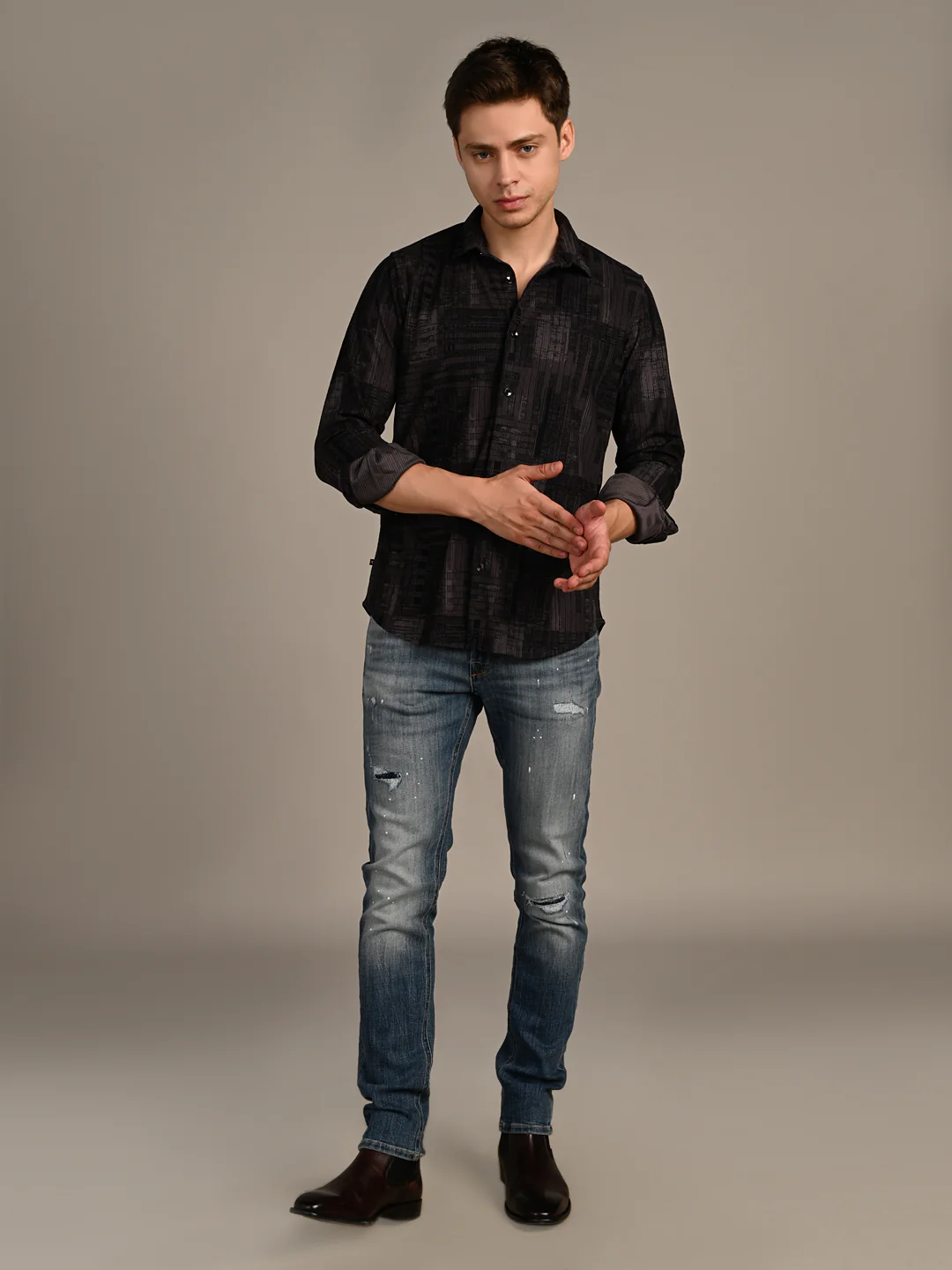 Full Sleeves Straight Fit Charcoal Grey Geometric Patchwork Corduroy Print Shirt - Image 3