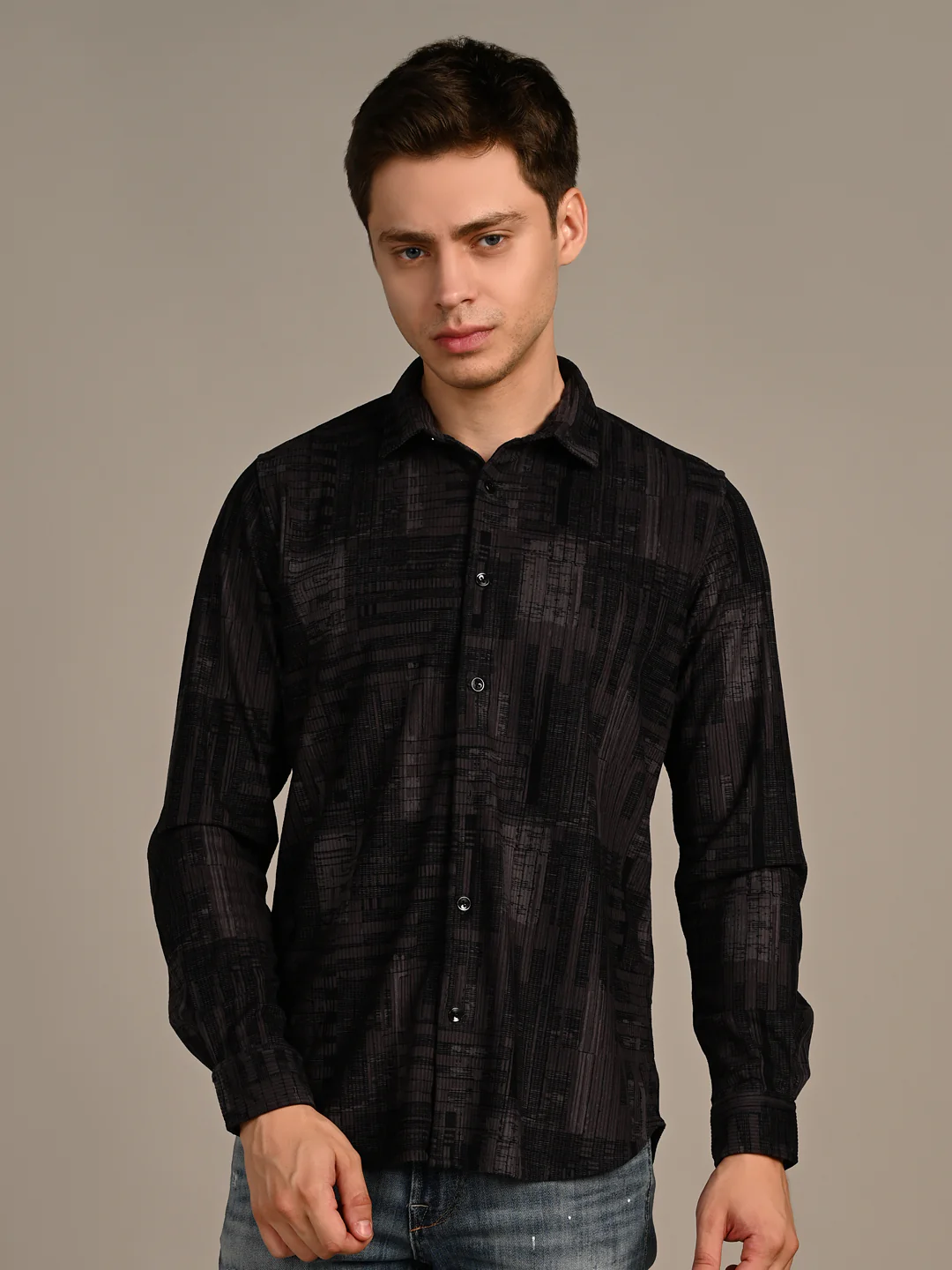 Full Sleeves Straight Fit Charcoal Grey Geometric Patchwork Corduroy Print Shirt - Image 4