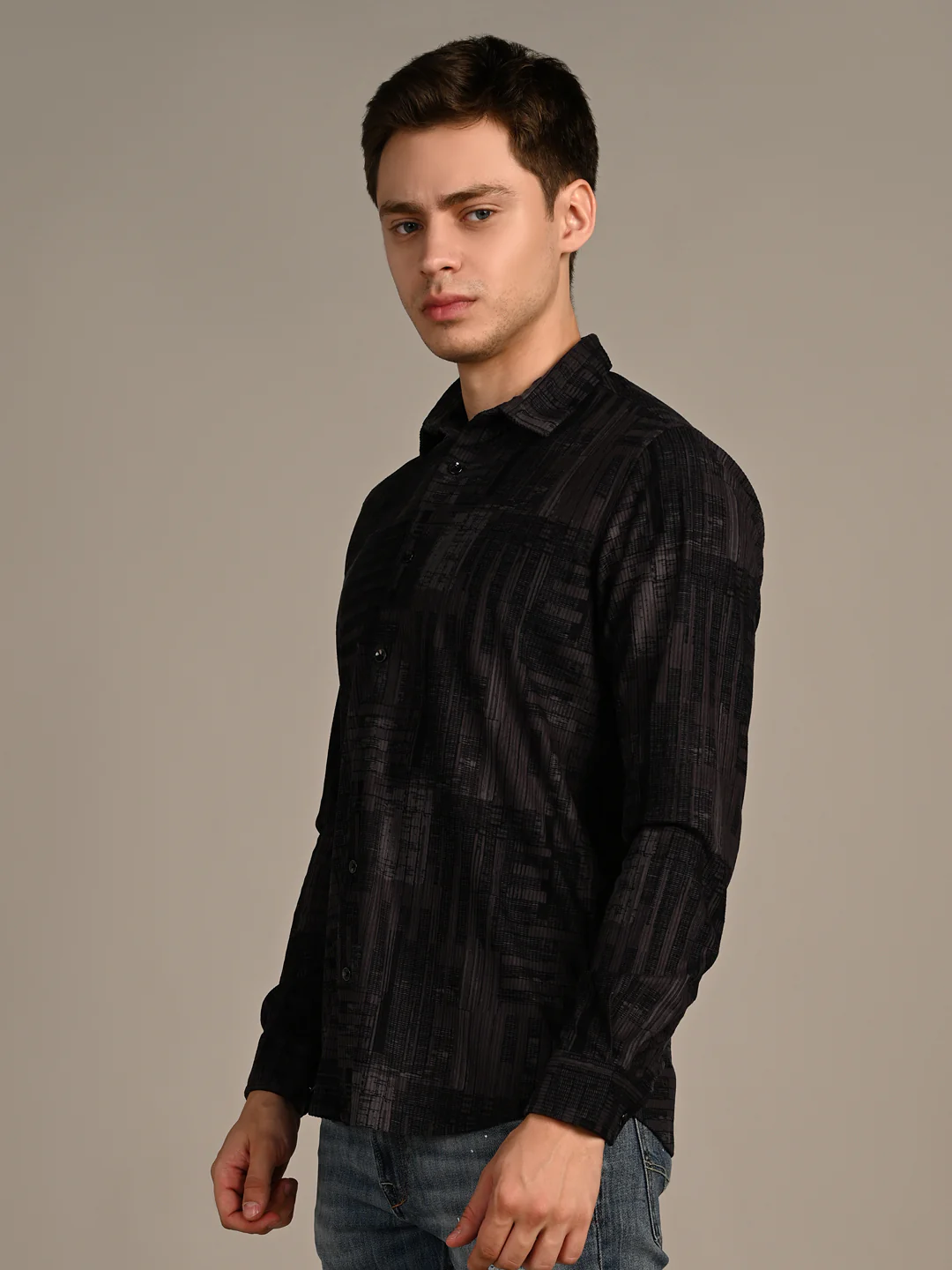 Full Sleeves Straight Fit Charcoal Grey Geometric Patchwork Corduroy Print Shirt - Image 5
