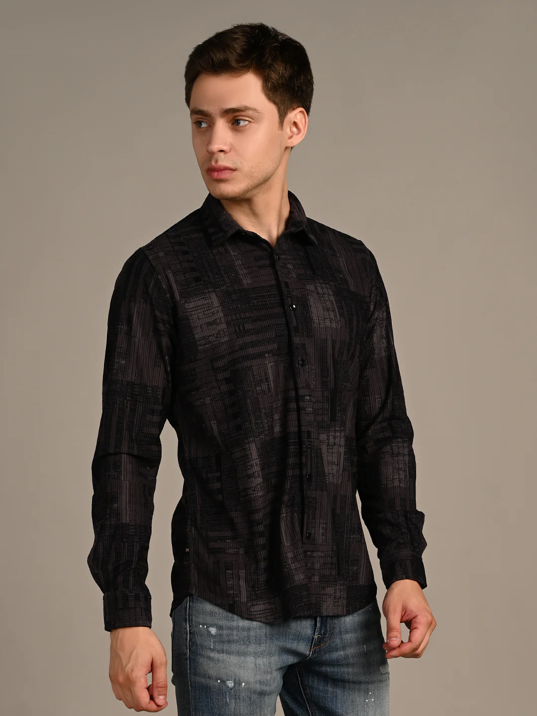 Full Sleeves Straight Fit Charcoal Grey Geometric Patchwork Corduroy Print Shirt - Image 6