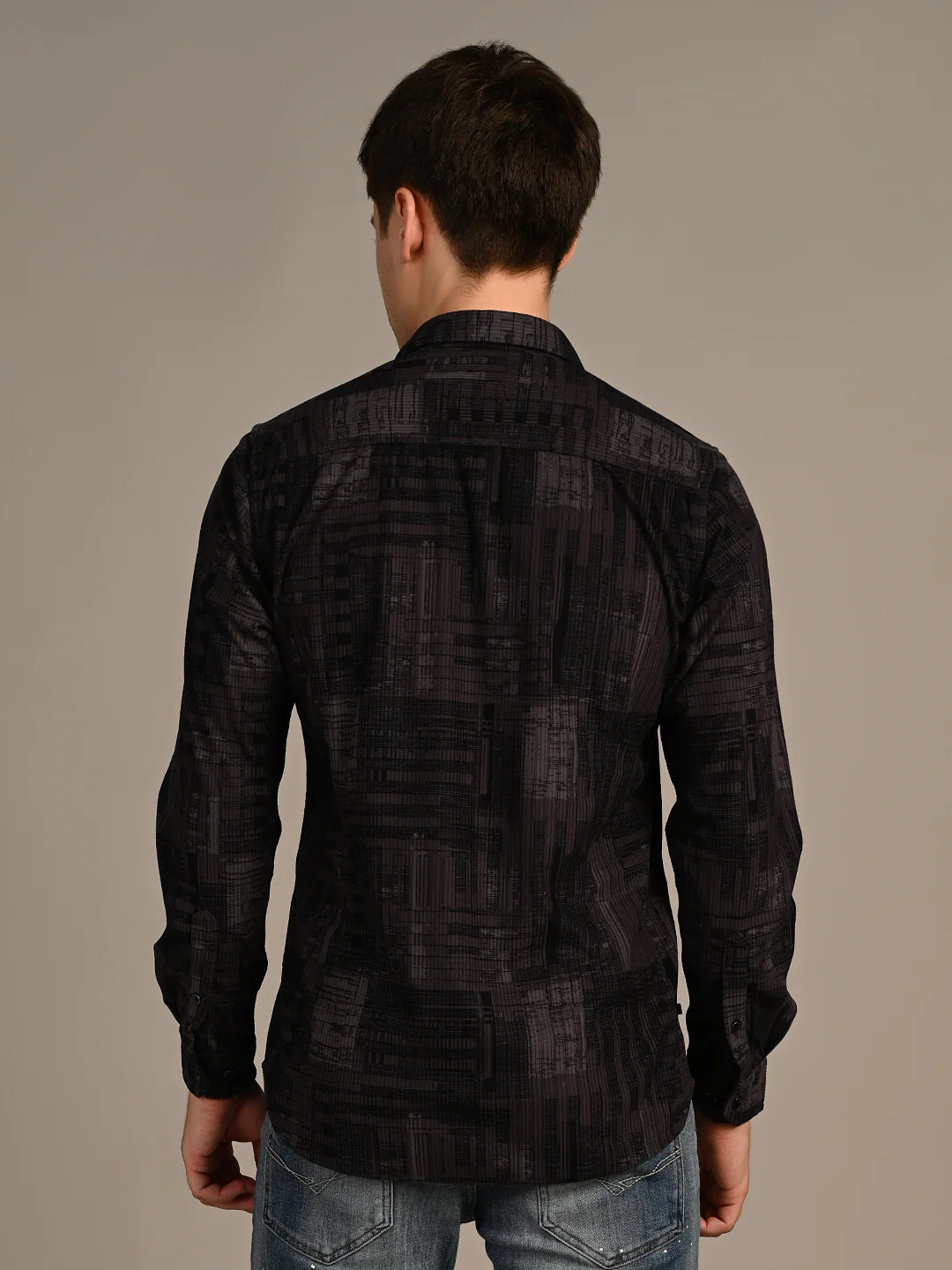 Full Sleeves Straight Fit Charcoal Grey Geometric Patchwork Corduroy Print Shirt - Image 7