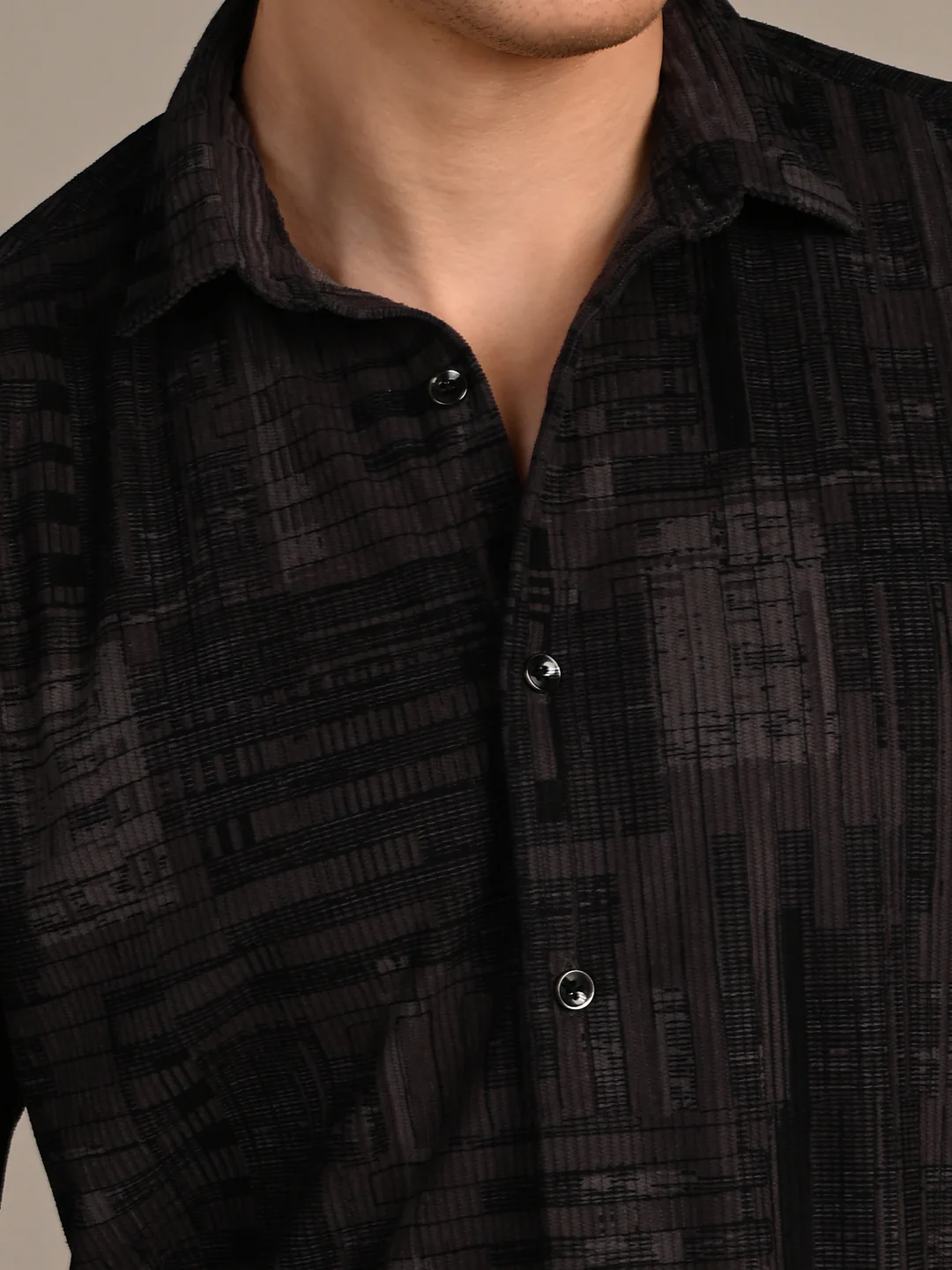 Full Sleeves Straight Fit Charcoal Grey Geometric Patchwork Corduroy Print Shirt - Image 8