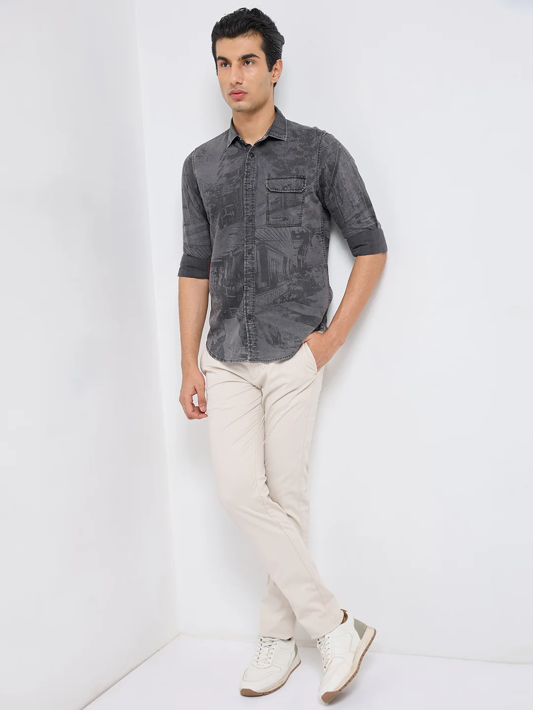Full sleeves Slim Fit Mid Grey Washed Indigo Print Shirt - Image 3