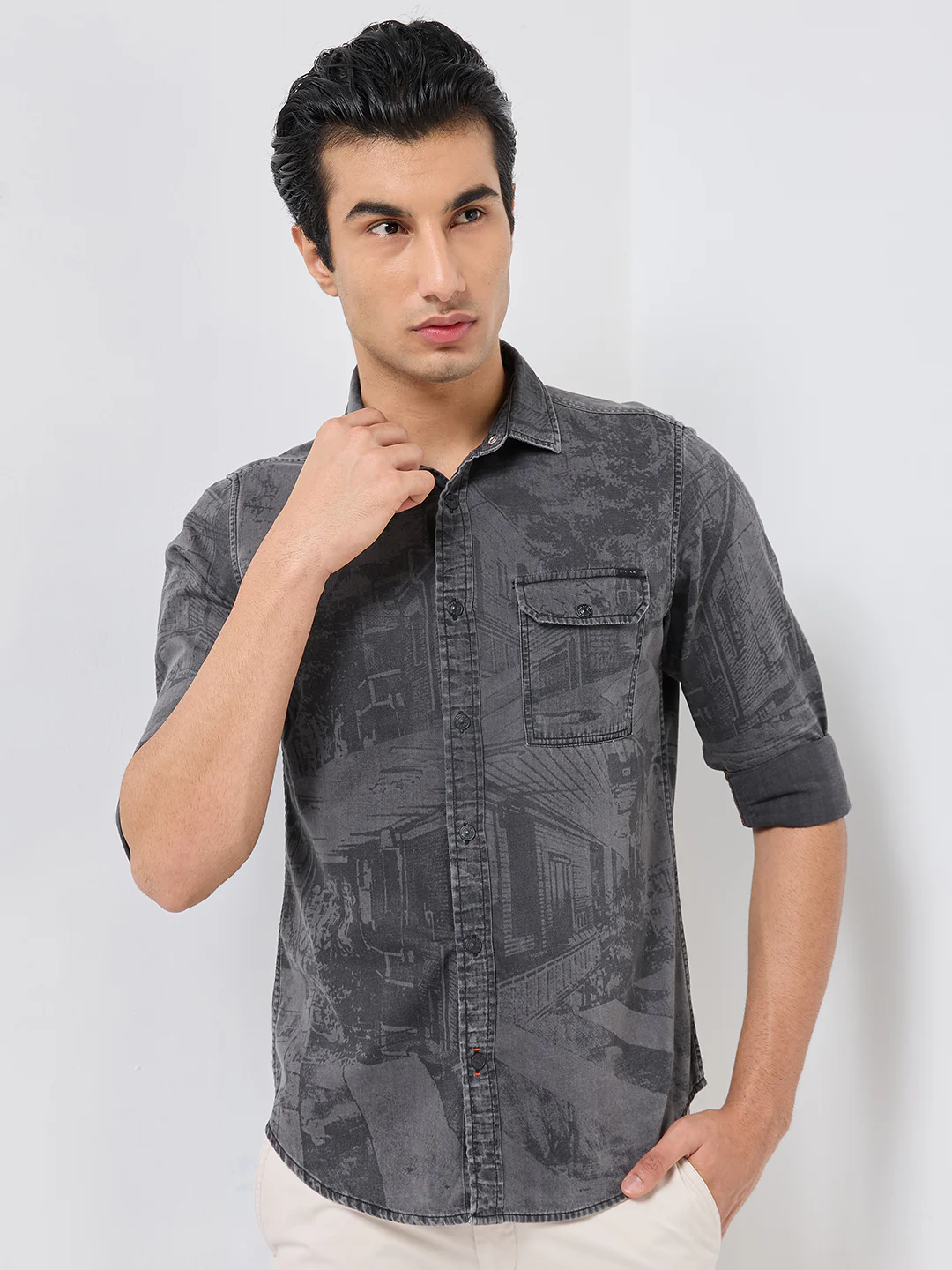 Full sleeves Slim Fit Mid Grey Washed Indigo Print Shirt - Image 4