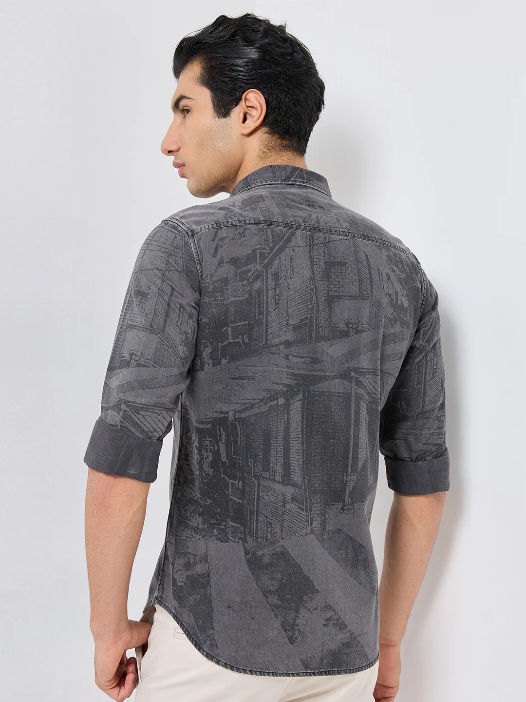 Full sleeves Slim Fit Mid Grey Washed Indigo Print Shirt - Image 5