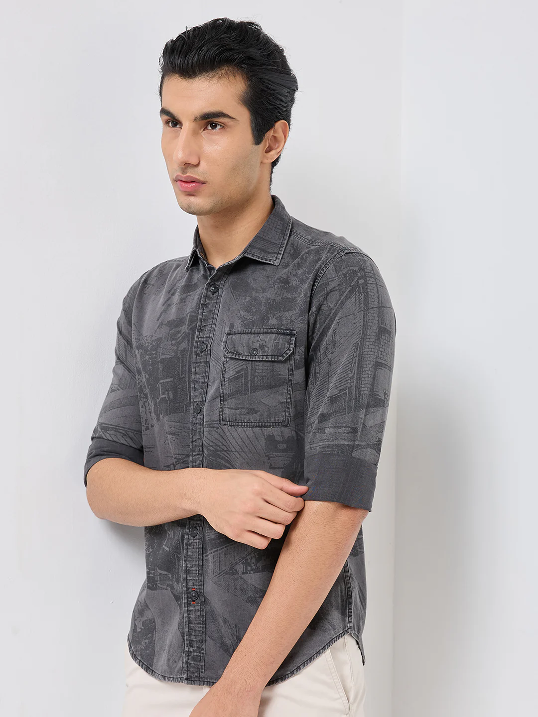 Full sleeves Slim Fit Mid Grey Washed Indigo Print Shirt - Image 6