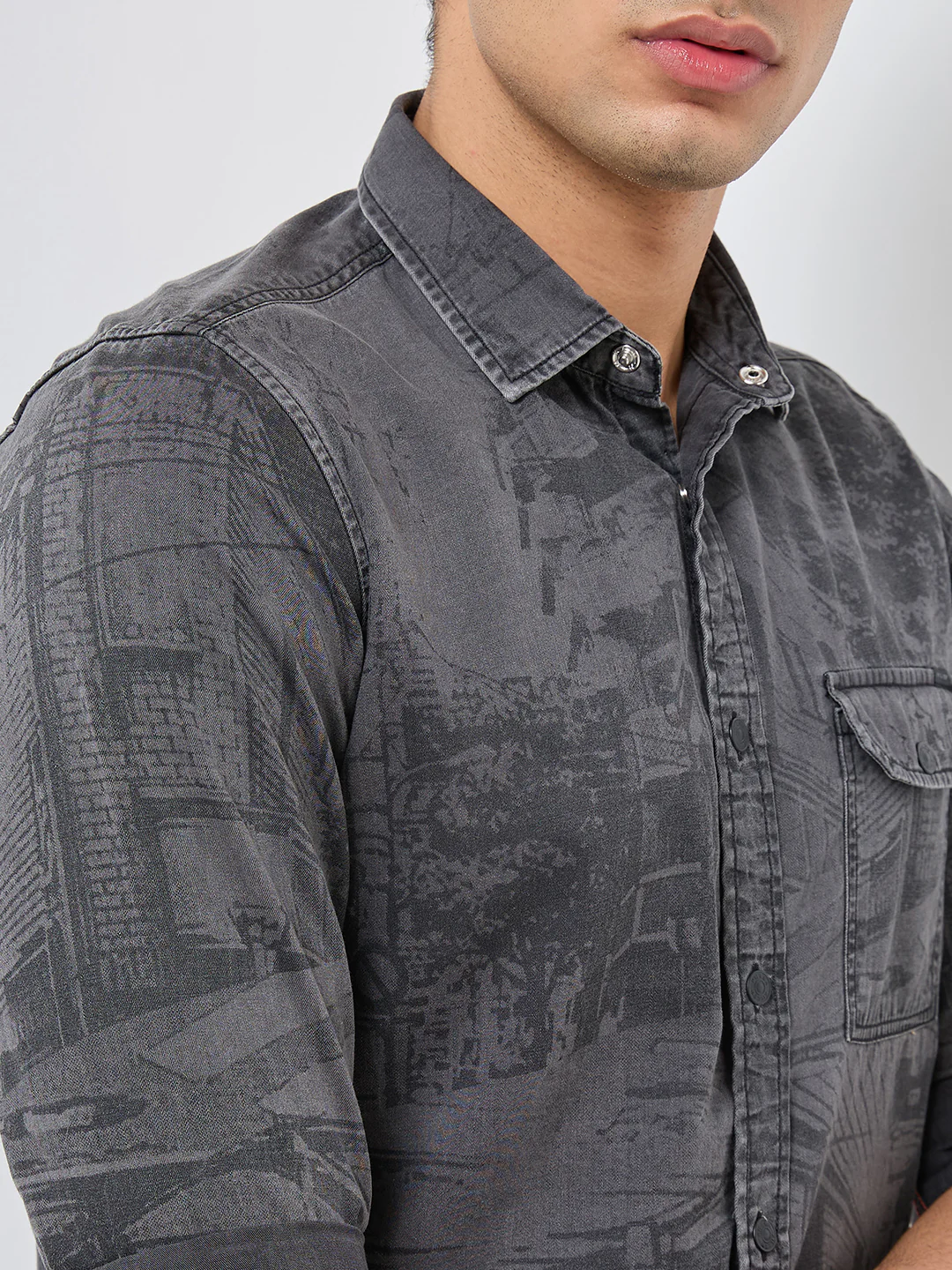Full sleeves Slim Fit Mid Grey Washed Indigo Print Shirt - Image 7