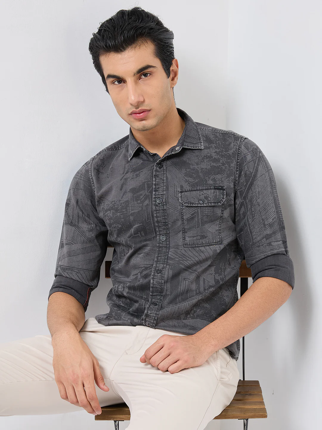 Full sleeves Slim Fit Mid Grey Washed Indigo Print Shirt - Image 8