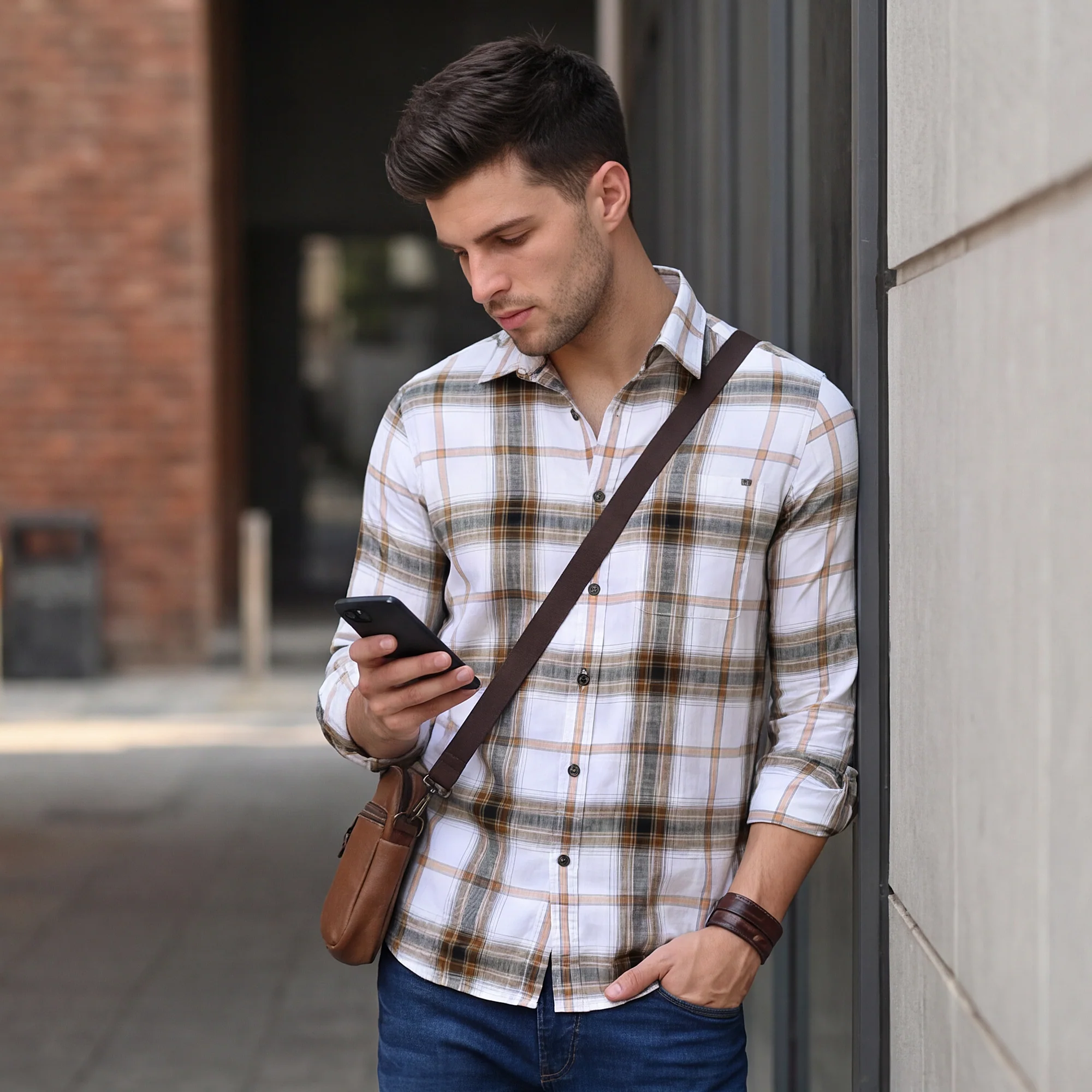 Full Sleeves Slim Fit Khaki Textured Slub Checks Shirt - Image 2