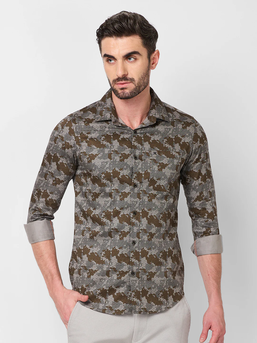 Full sleeves Slim Fit Khaki Camau Printed Satin Shirt - Image 3