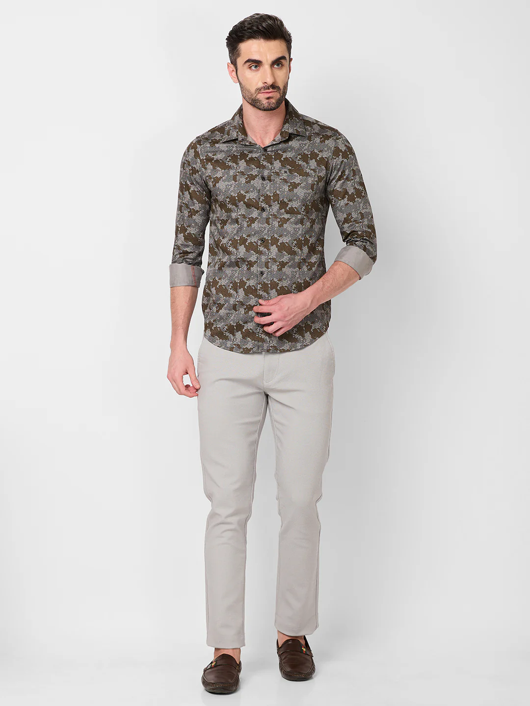 Full sleeves Slim Fit Khaki Camau Printed Satin Shirt - Image 4