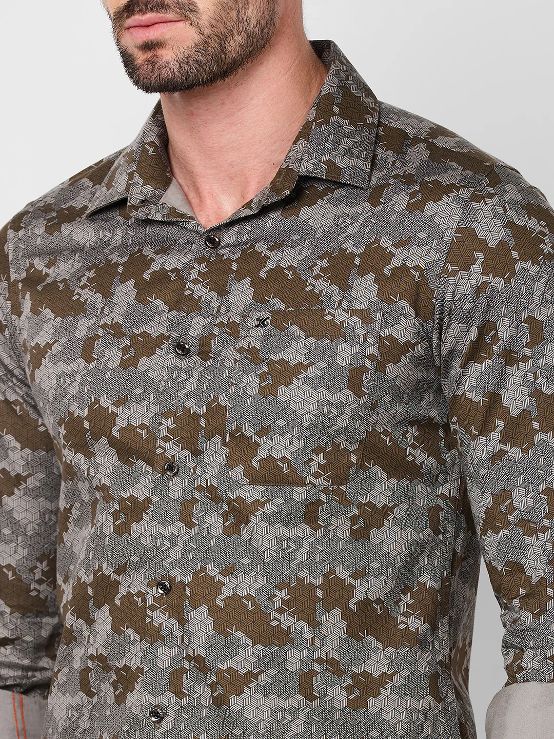Full sleeves Slim Fit Khaki Camau Printed Satin Shirt - Image 7