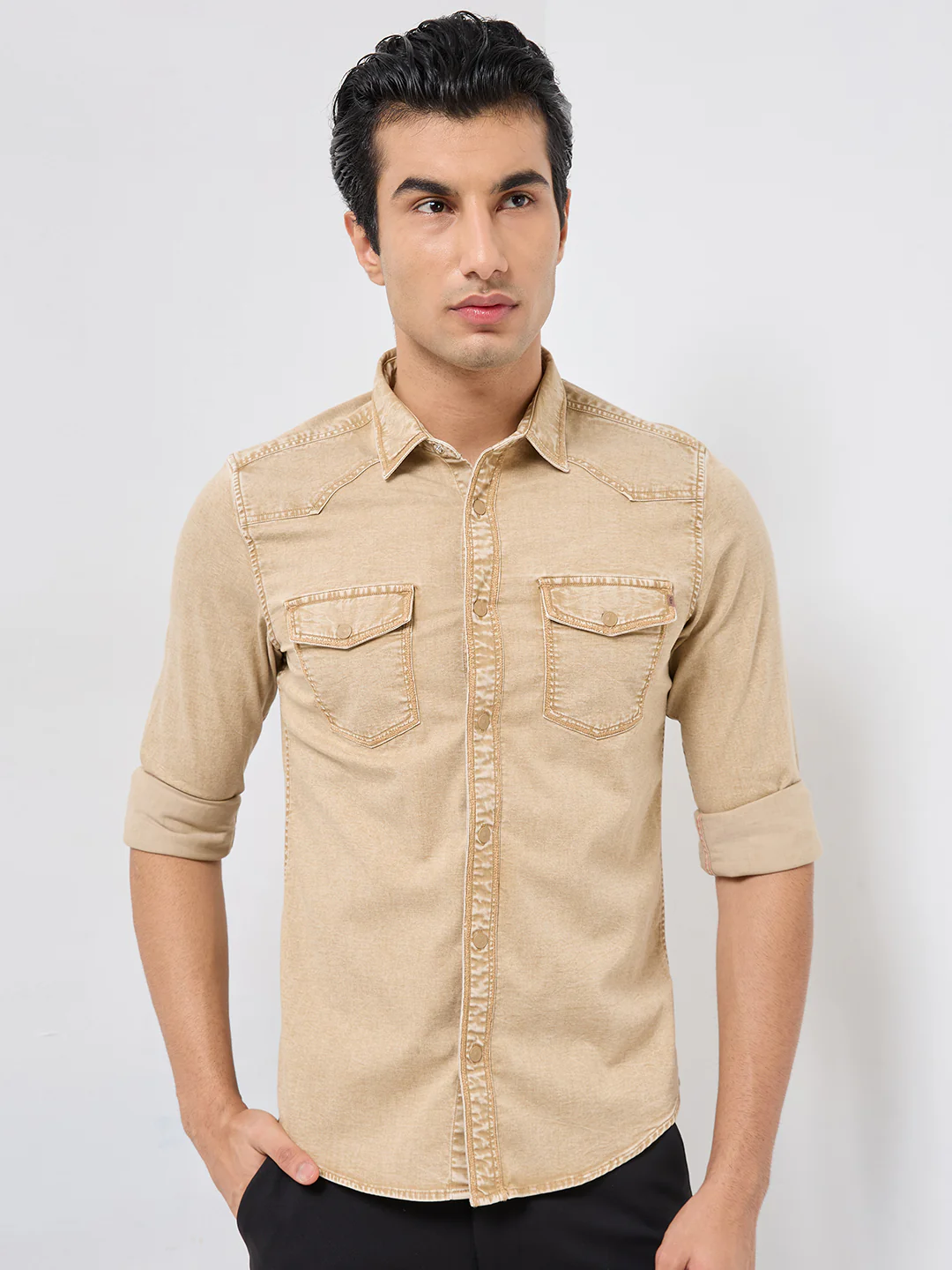 Short sleeves Slim Fit Khaki Heavy Washed Double Pocket Solid Shirt - Image 4