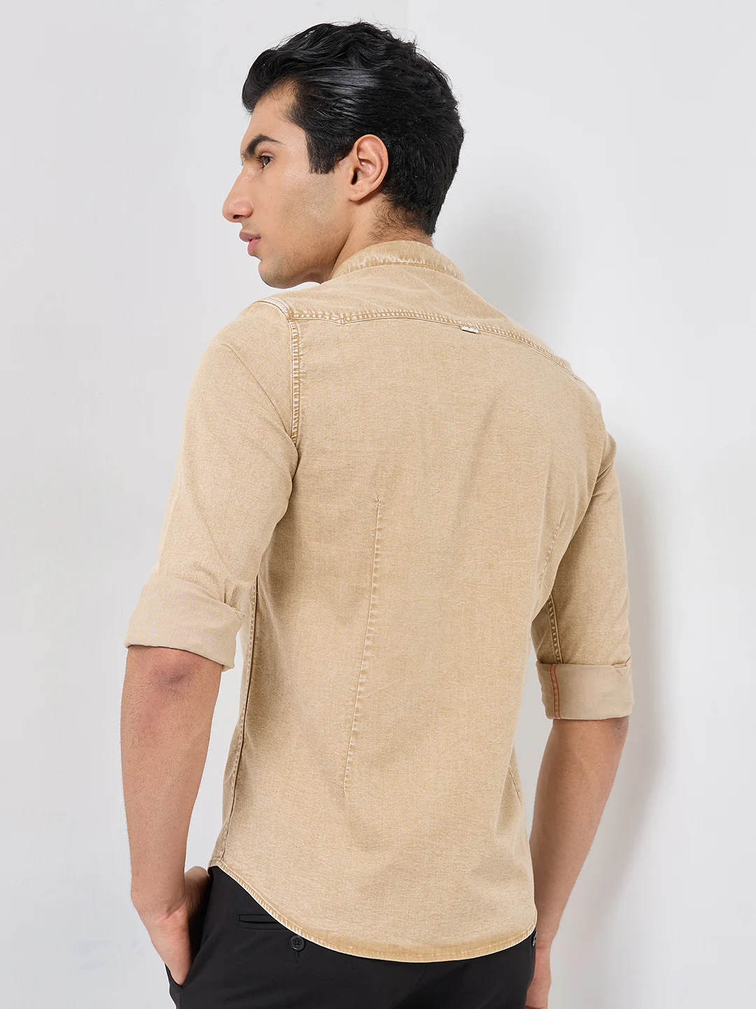Short sleeves Slim Fit Khaki Heavy Washed Double Pocket Solid Shirt - Image 5