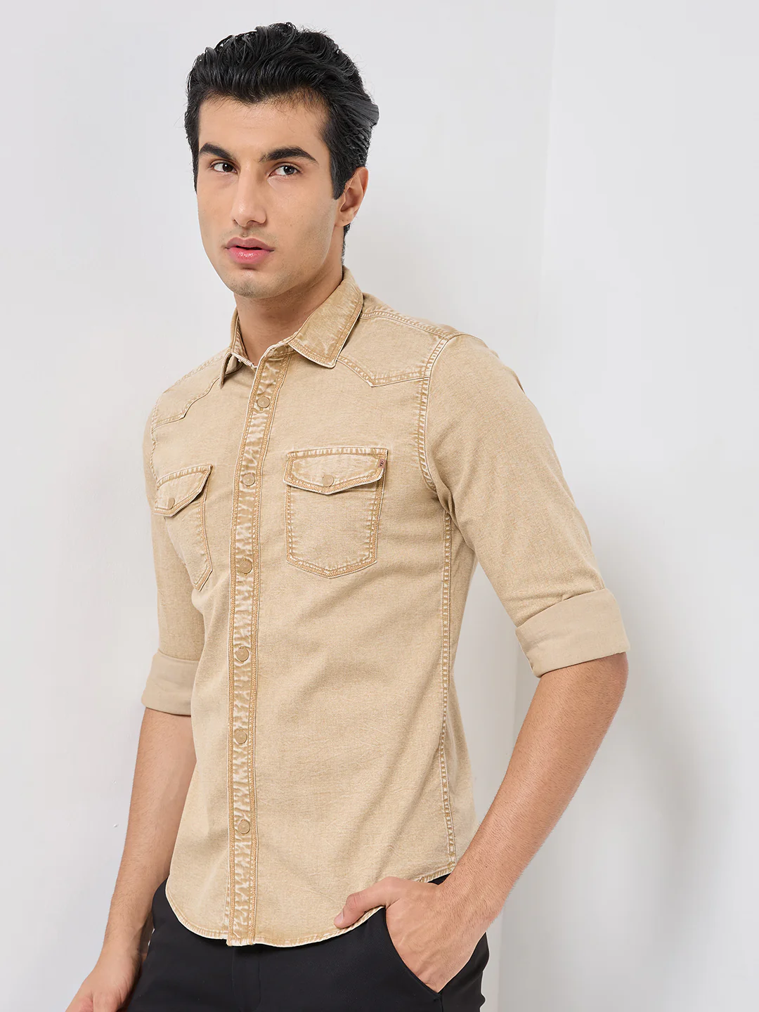 Short sleeves Slim Fit Khaki Heavy Washed Double Pocket Solid Shirt - Image 6
