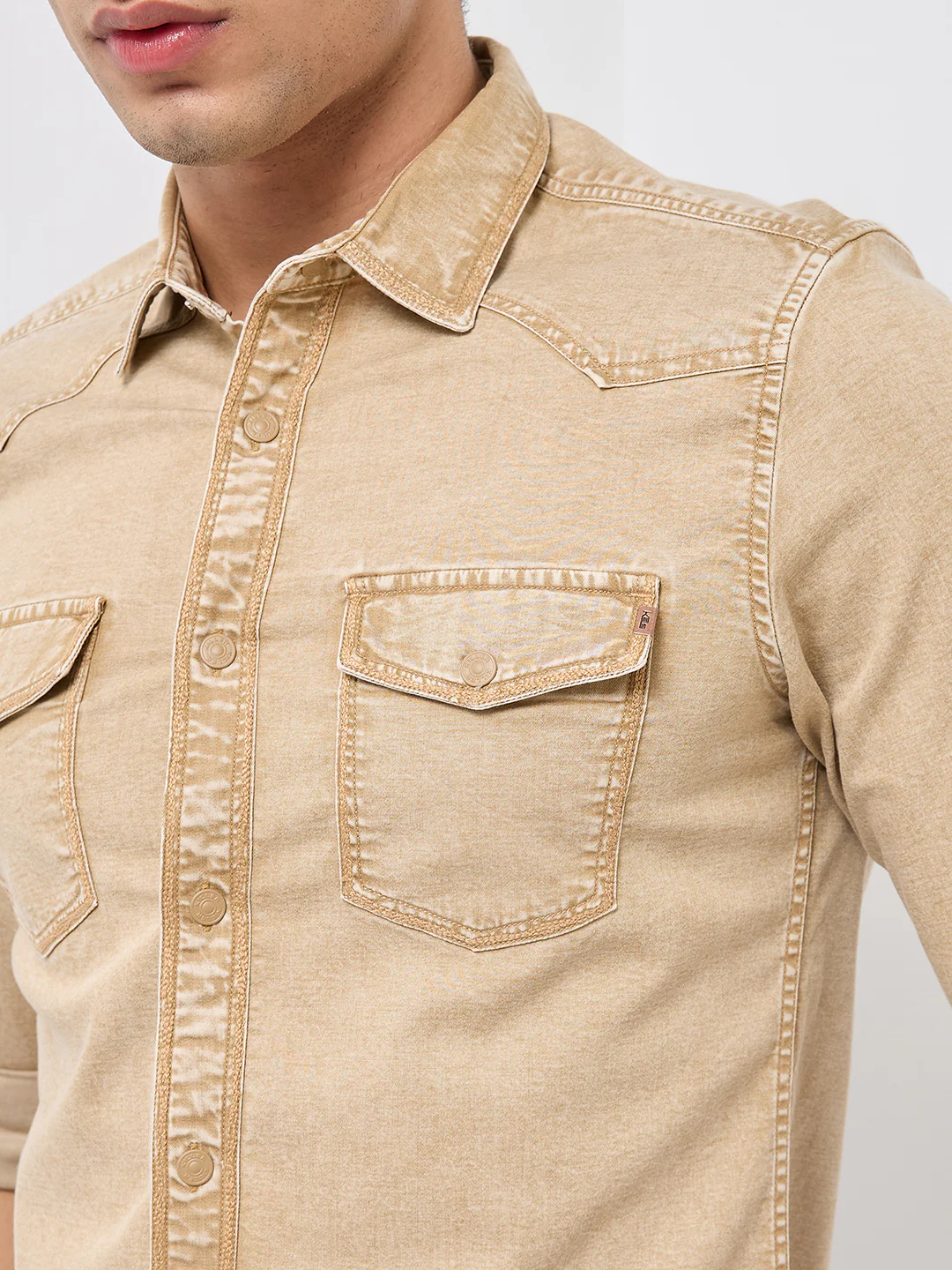 Short sleeves Slim Fit Khaki Heavy Washed Double Pocket Solid Shirt - Image 7