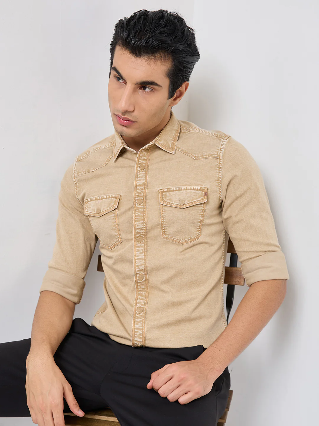 Short sleeves Slim Fit Khaki Heavy Washed Double Pocket Solid Shirt - Image 8
