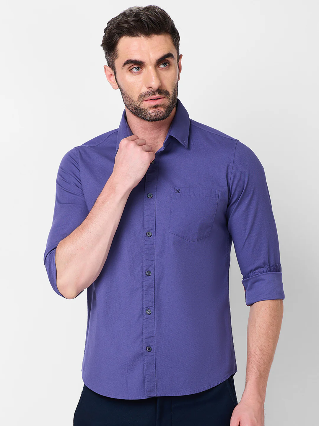 Full Sleeves Slim Fit Dusty Lavender Dobby Structure Button-Down Solid Shirt - Image 3