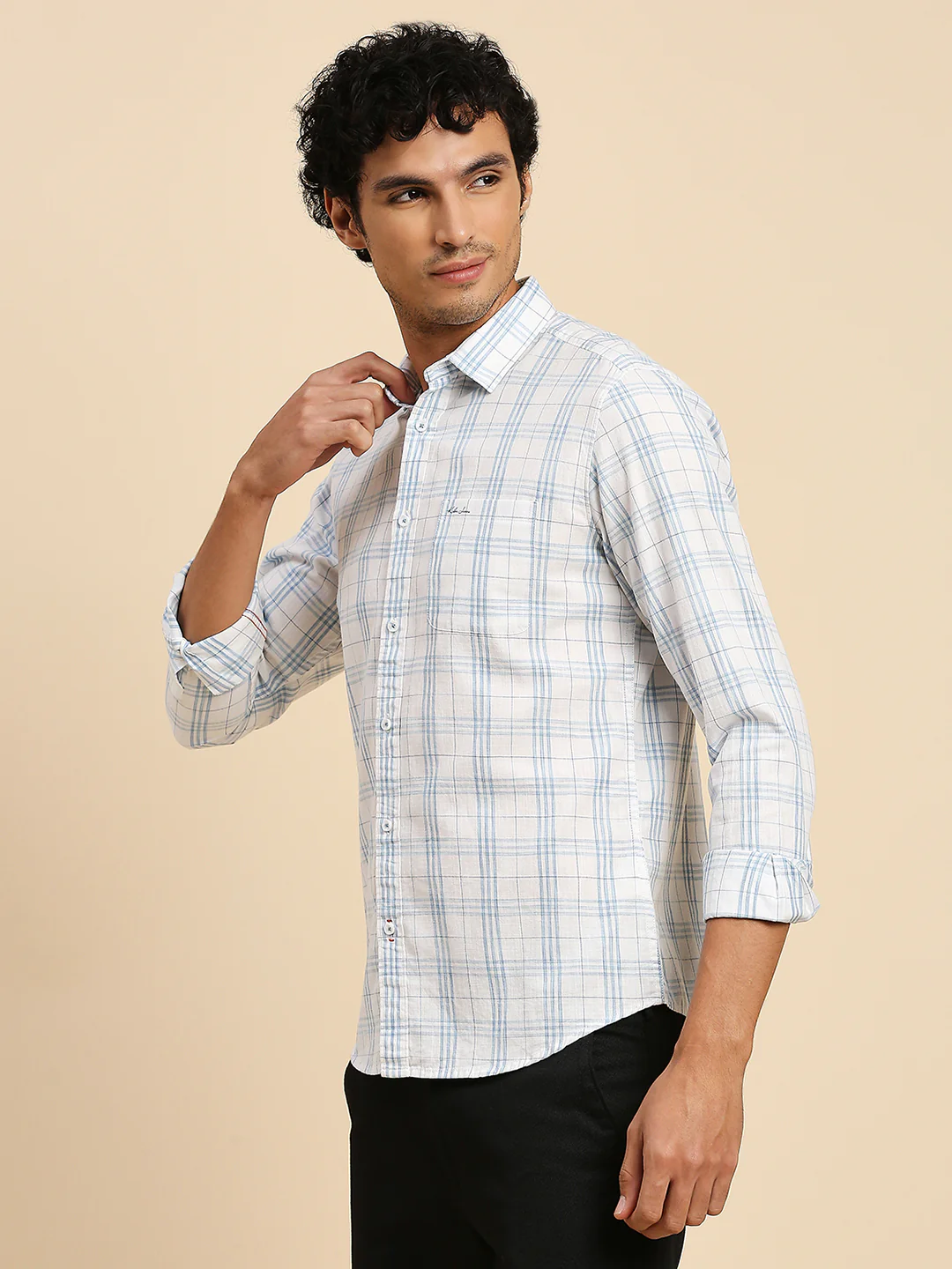 Full Sleeves Slim Fit Sky Blue Checks Shirt - Image 4
