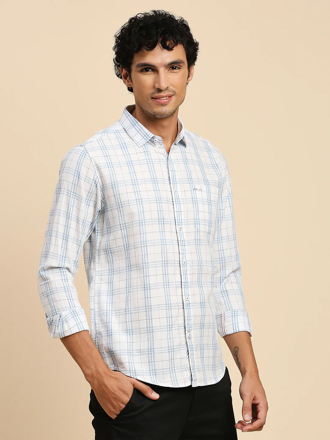 Full Sleeves Slim Fit Sky Blue Checks Shirt - Image 5