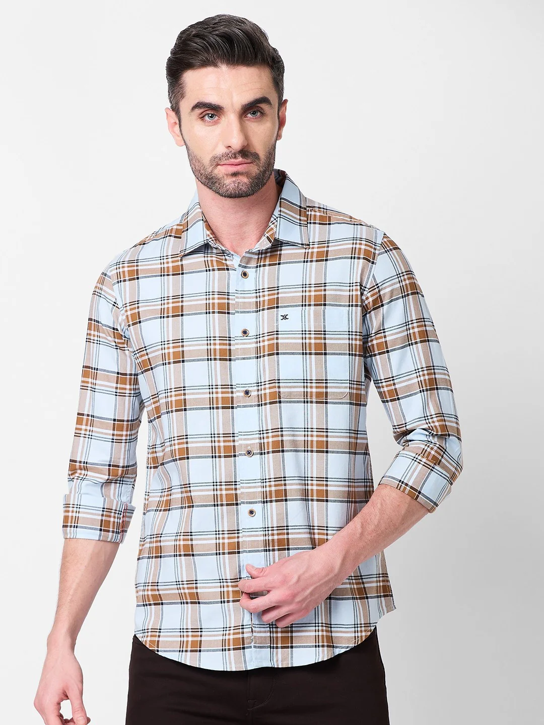 Full Sleeves Slim Fit Sky Blue Oxford Checks Shirt - Image 3