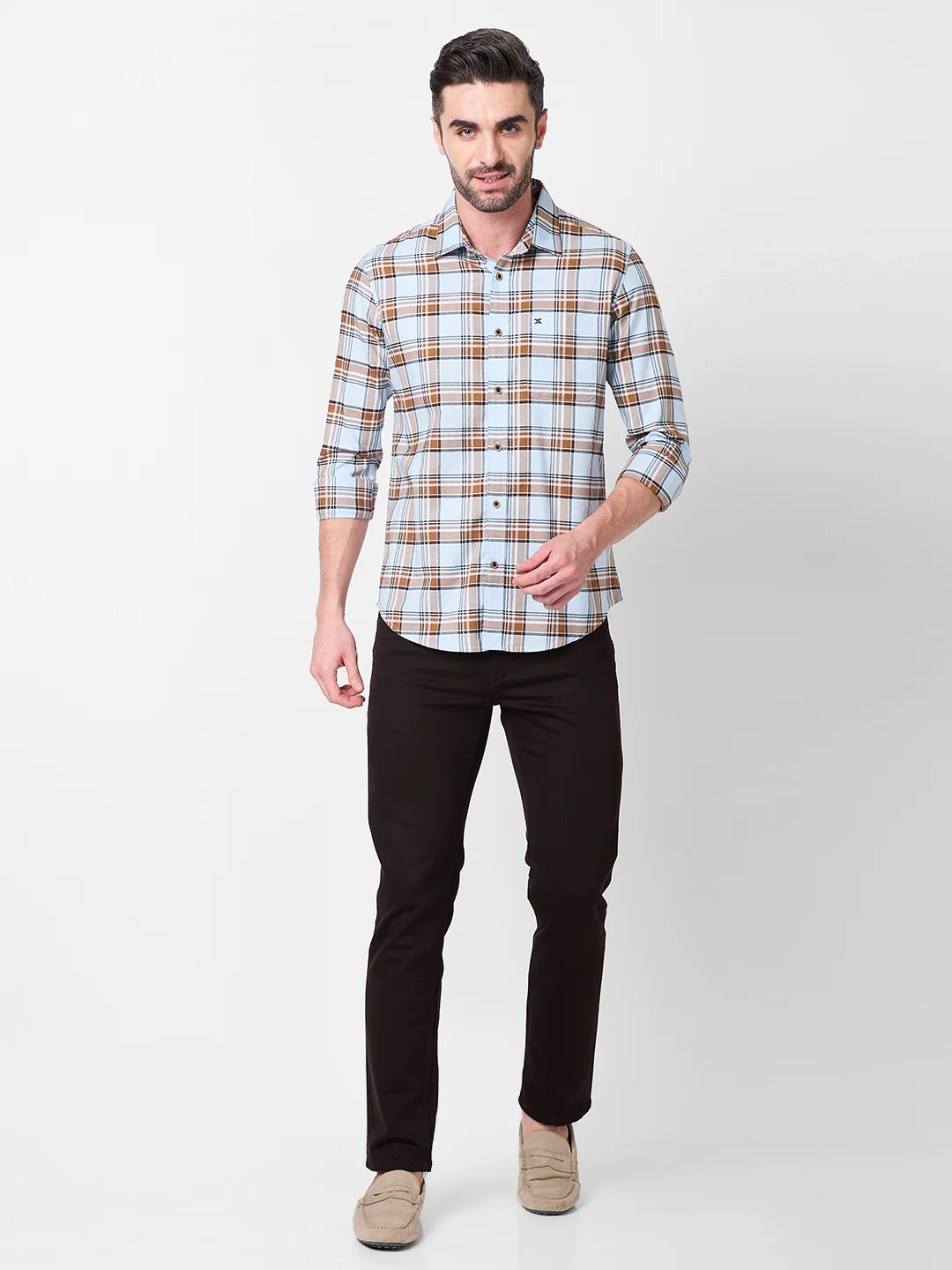 Full Sleeves Slim Fit Sky Blue Oxford Checks Shirt - Image 4