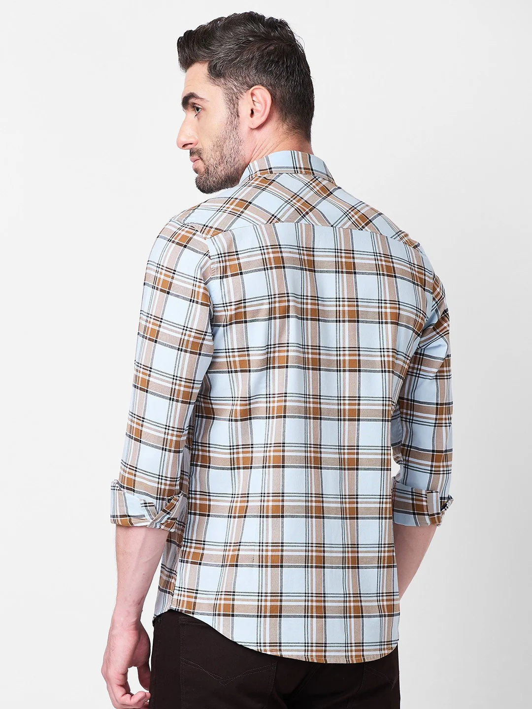 Full Sleeves Slim Fit Sky Blue Oxford Checks Shirt - Image 5