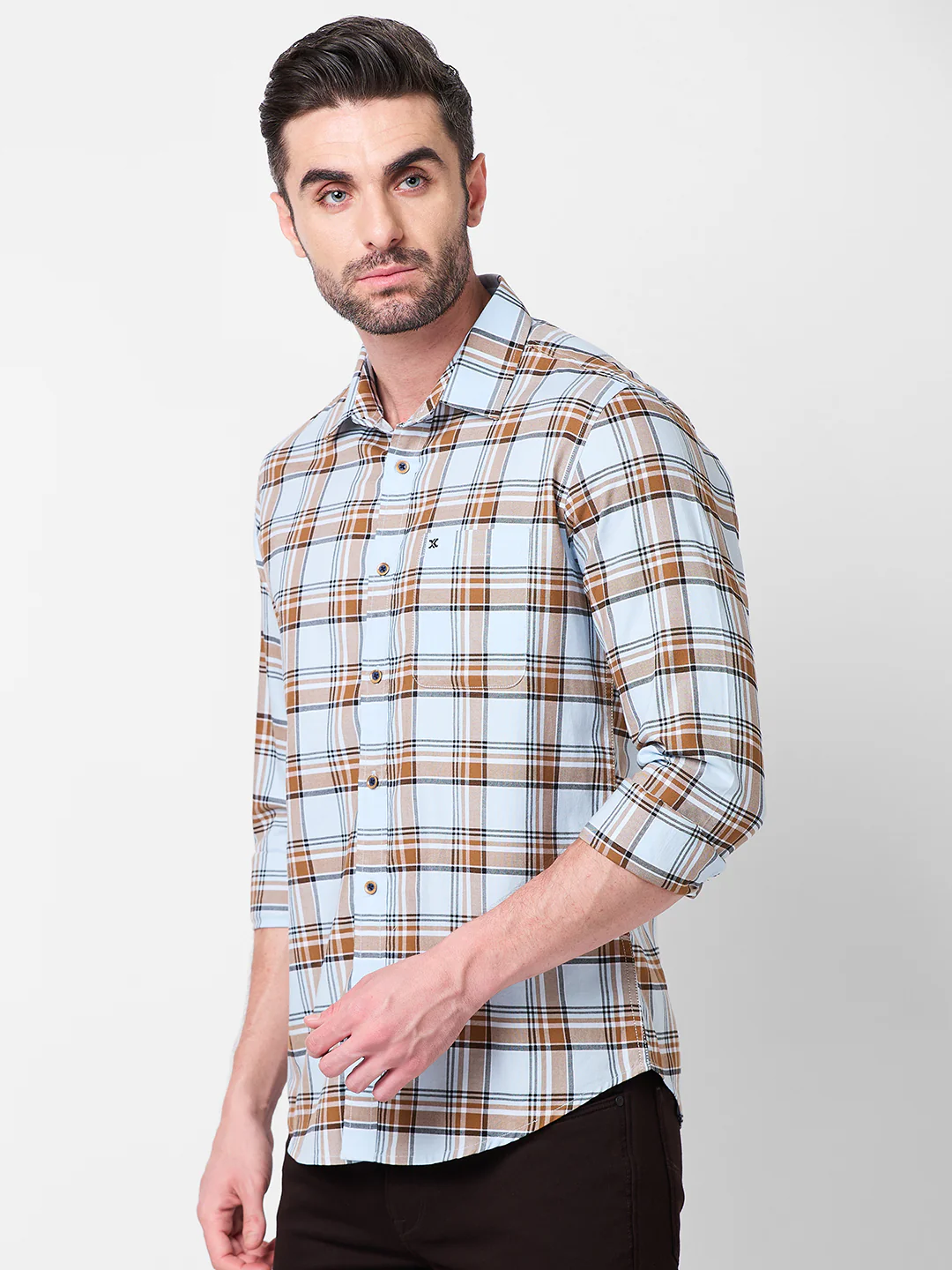 Full Sleeves Slim Fit Sky Blue Oxford Checks Shirt - Image 6