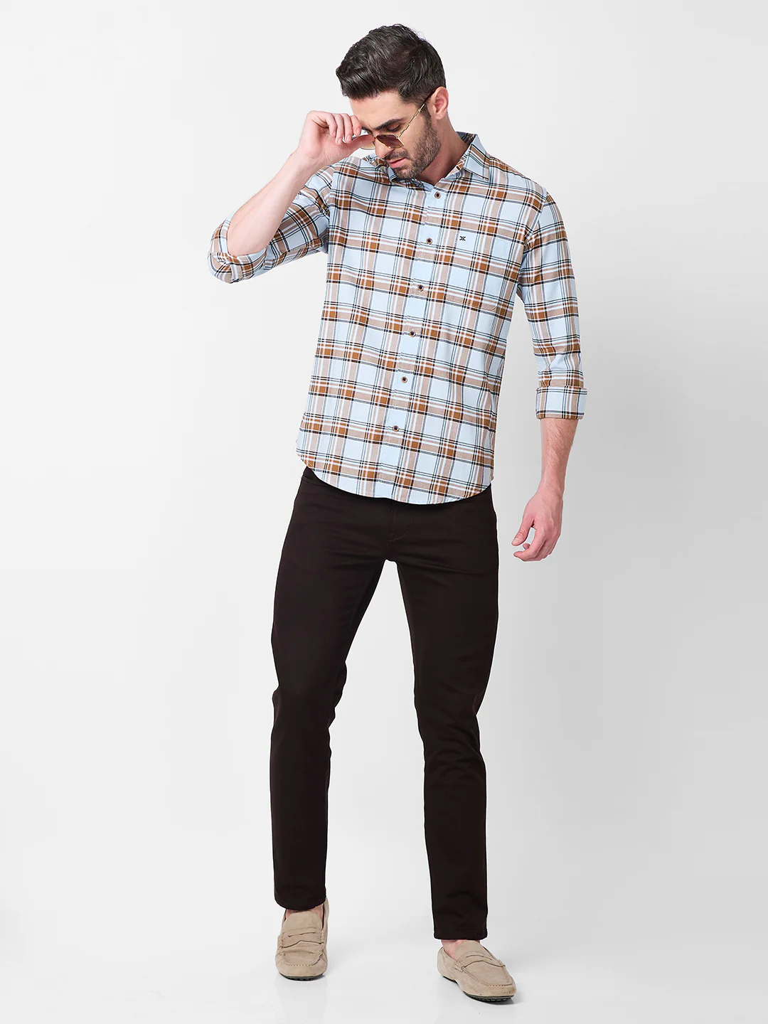 Full Sleeves Slim Fit Sky Blue Oxford Checks Shirt - Image 8