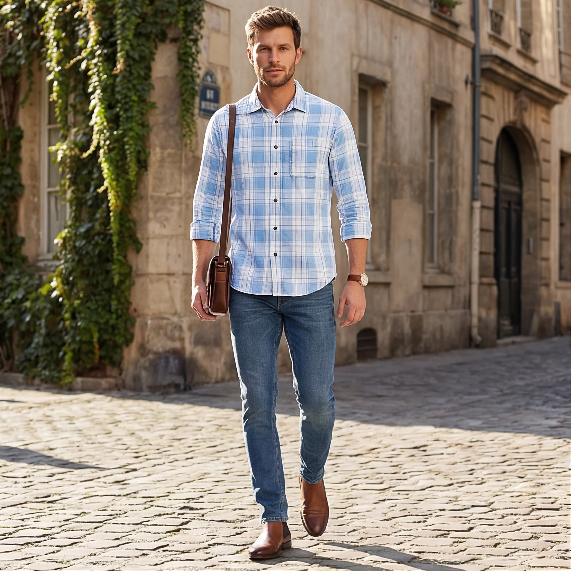 Full Sleeves Slim Fit Ice-Blue Washed Indigo Checks Shirt