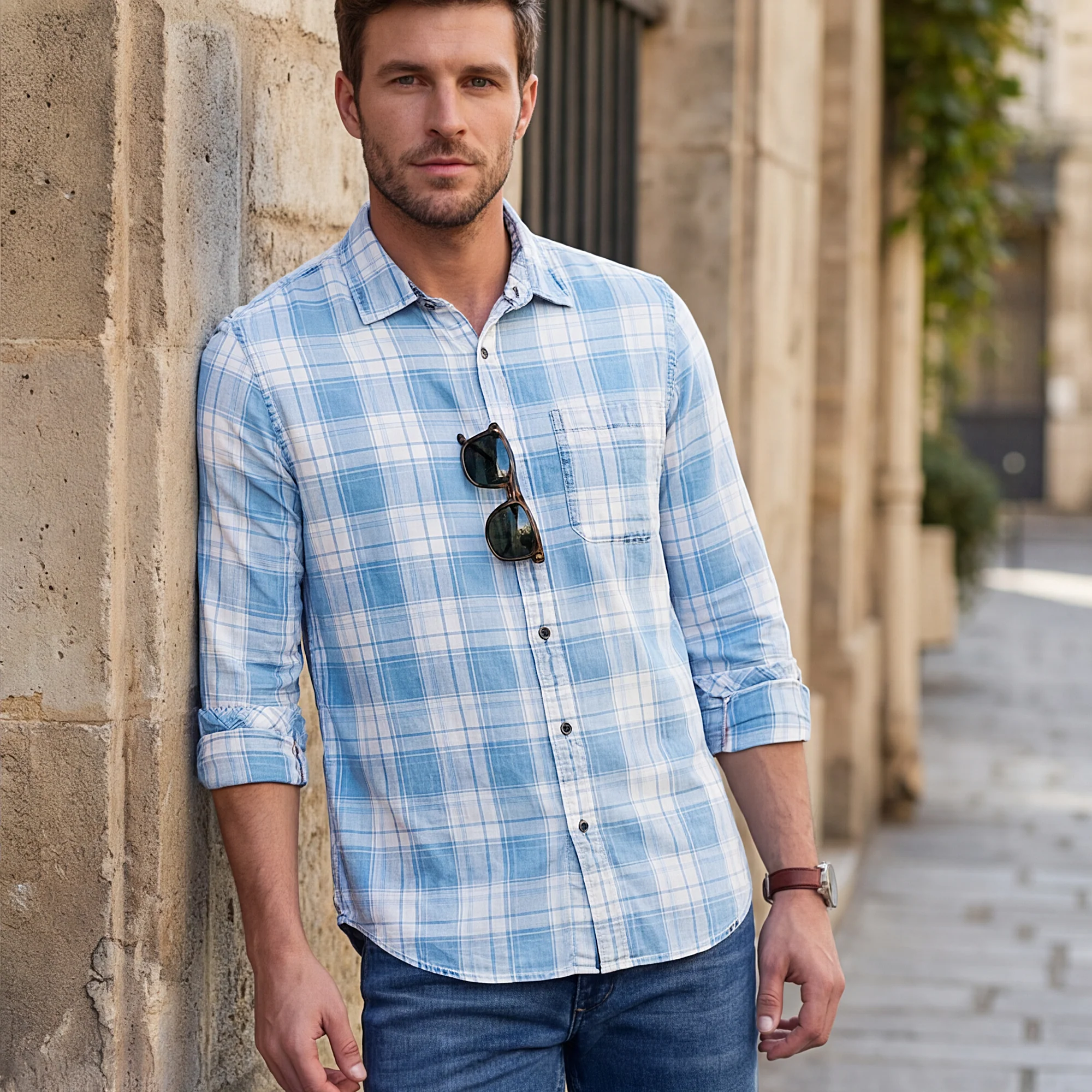 Full Sleeves Slim Fit Ice-Blue Washed Indigo Checks Shirt - Image 2