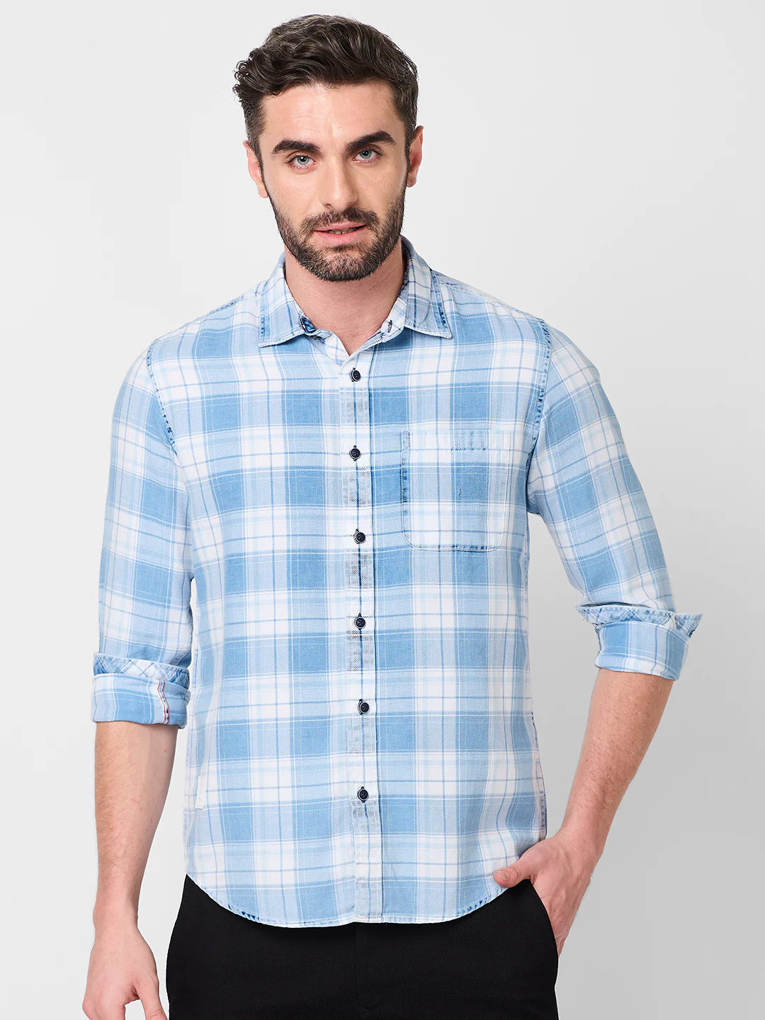 Full Sleeves Slim Fit Ice-Blue Washed Indigo Checks Shirt - Image 3