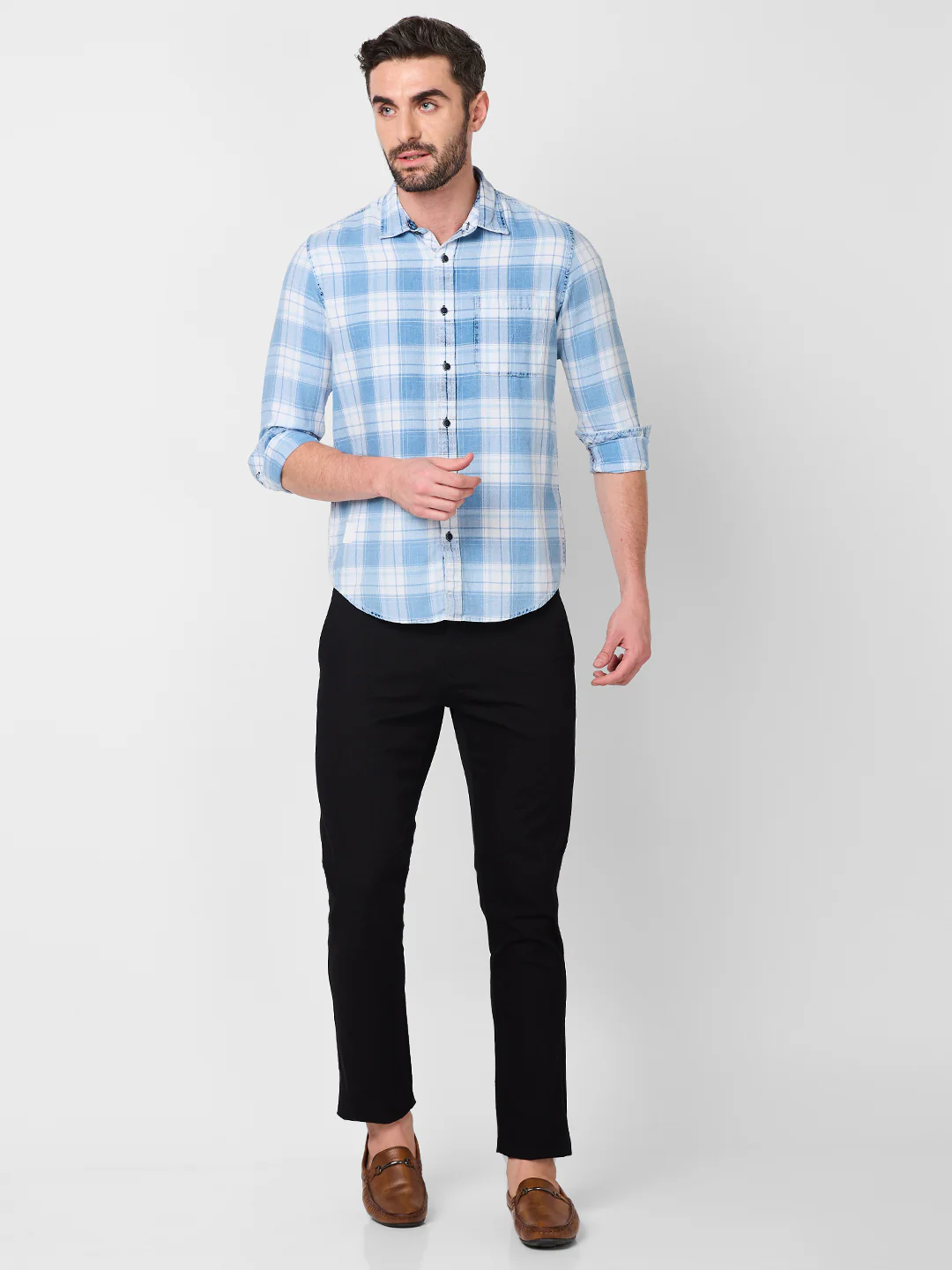 Full Sleeves Slim Fit Ice-Blue Washed Indigo Checks Shirt - Image 4