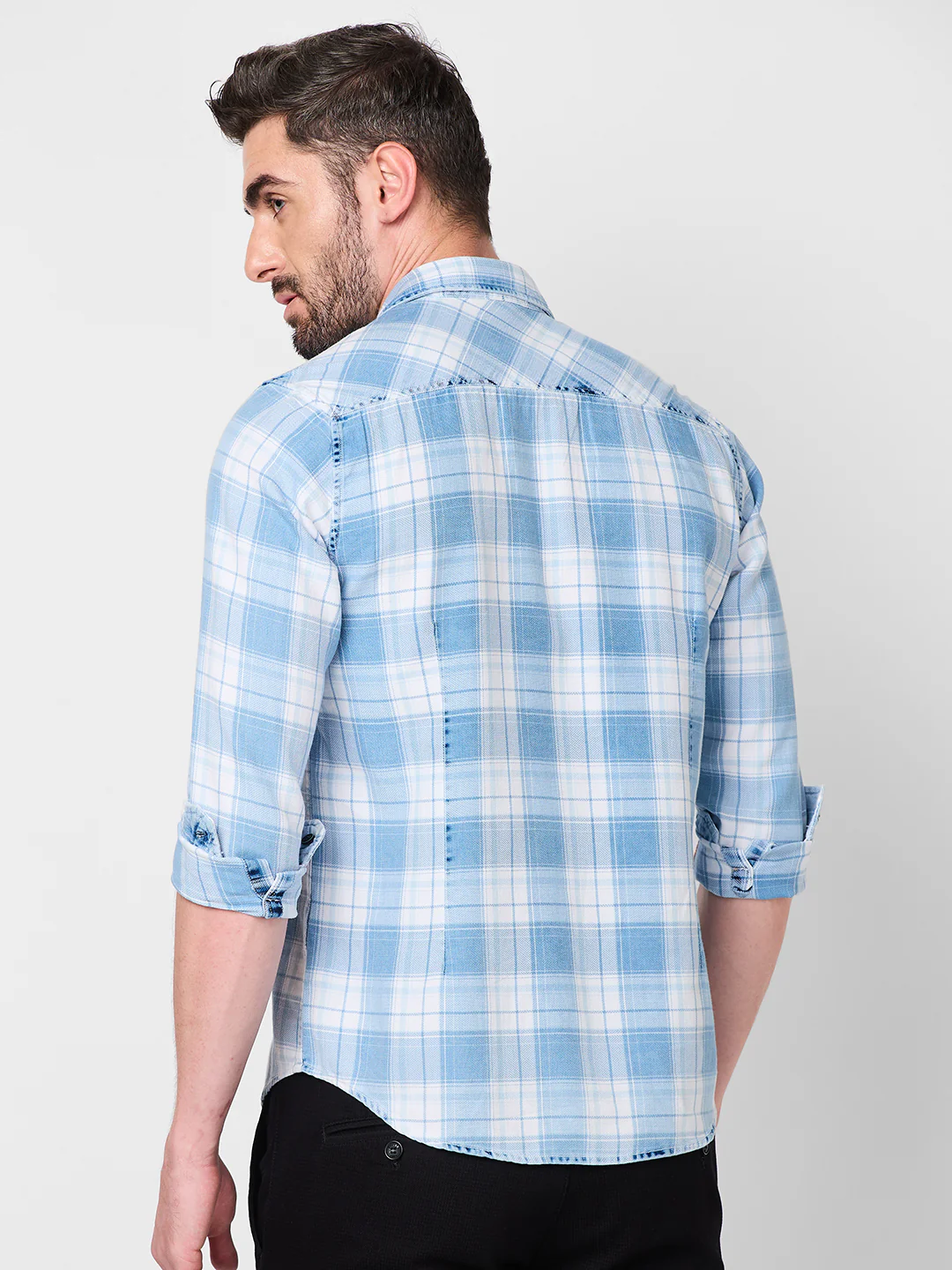 Full Sleeves Slim Fit Ice-Blue Washed Indigo Checks Shirt - Image 5
