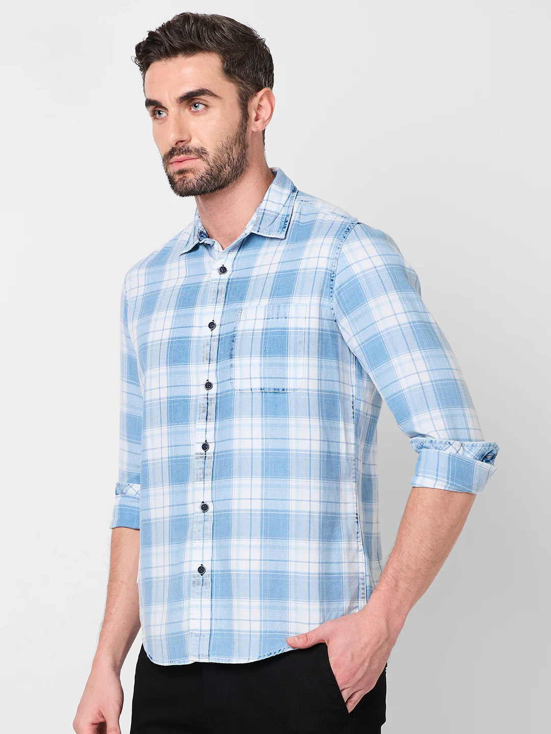Full Sleeves Slim Fit Ice-Blue Washed Indigo Checks Shirt - Image 6
