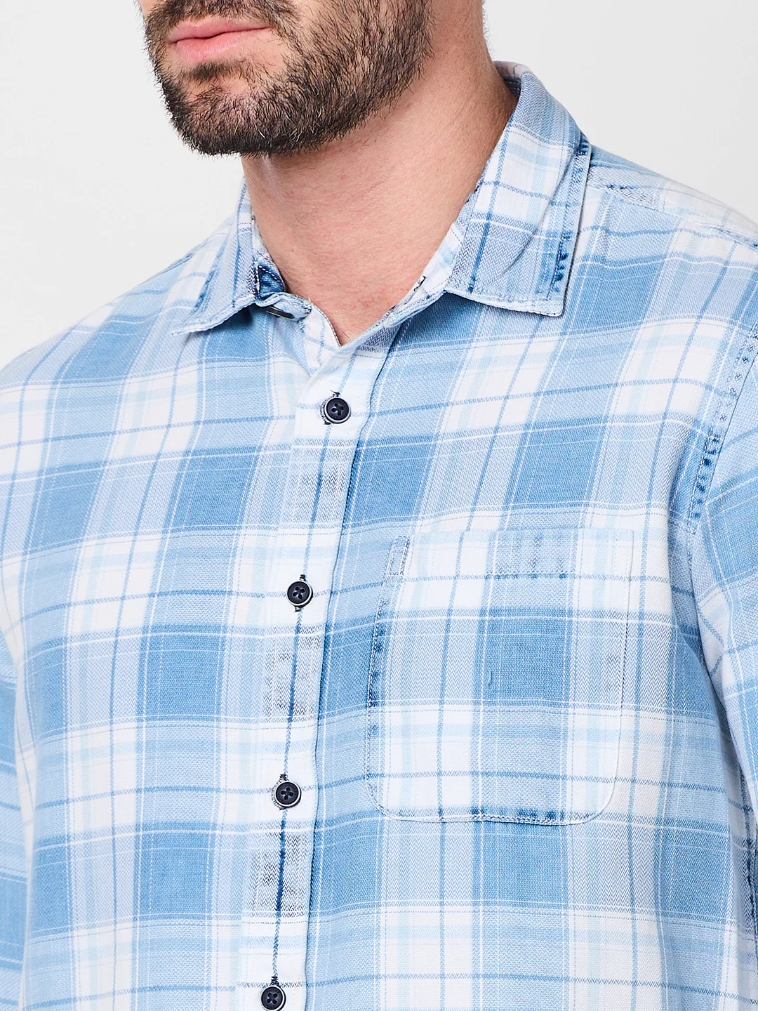Full Sleeves Slim Fit Ice-Blue Washed Indigo Checks Shirt - Image 7