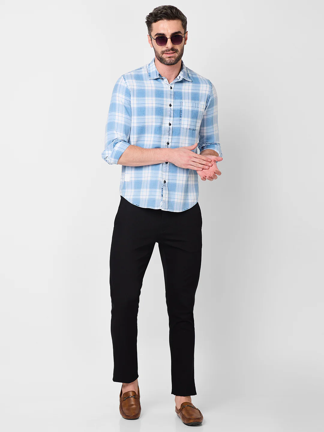 Full Sleeves Slim Fit Ice-Blue Washed Indigo Checks Shirt - Image 8