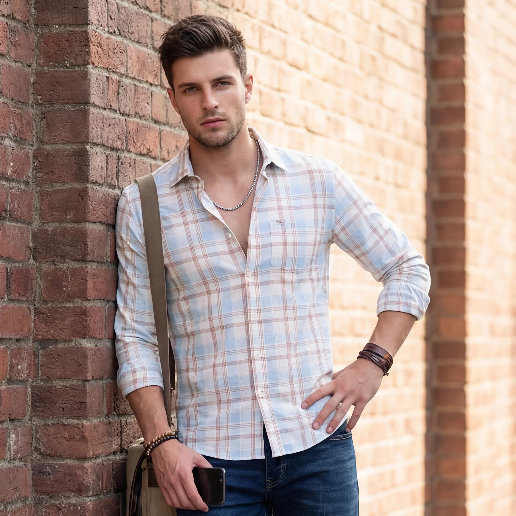 Full Sleeves Slim Fit Sky Dobby Structured Checks Shirt - Image 2