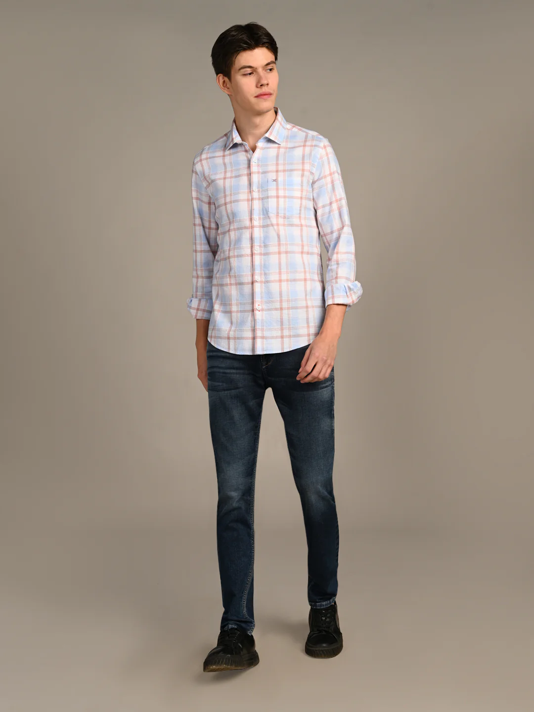 Full Sleeves Slim Fit Sky Dobby Structured Checks Shirt - Image 3