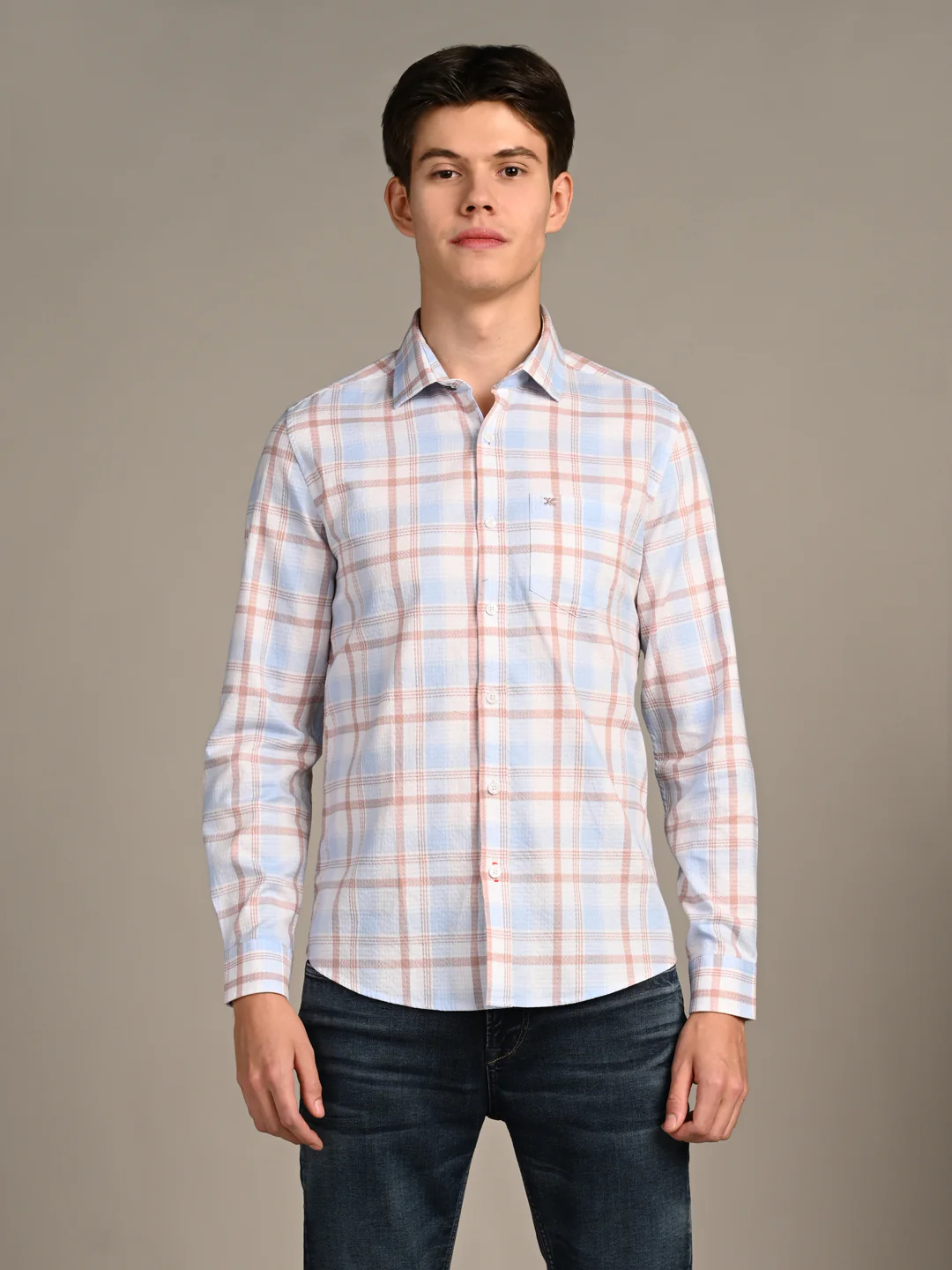 Full Sleeves Slim Fit Sky Dobby Structured Checks Shirt - Image 4
