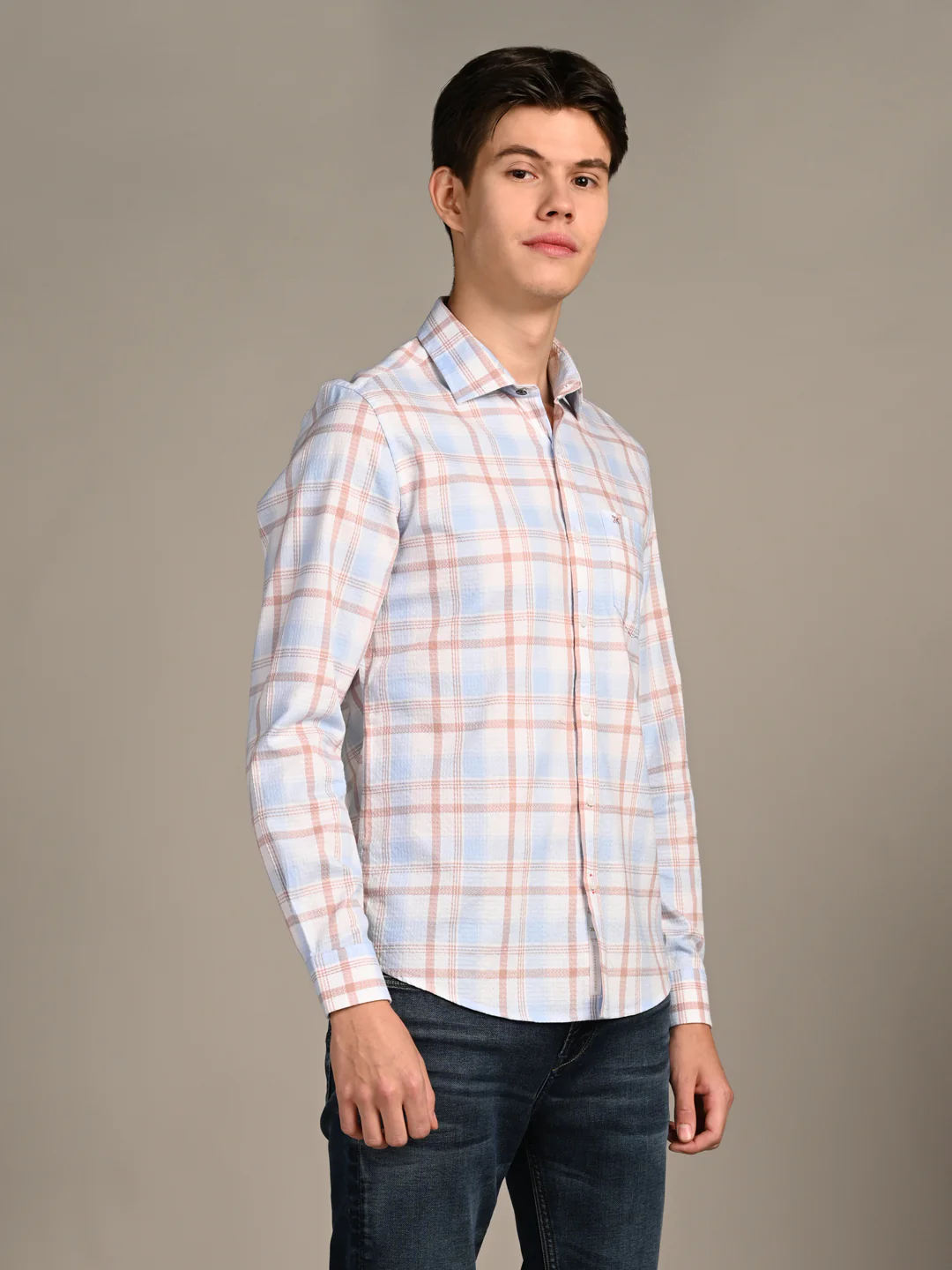 Full Sleeves Slim Fit Sky Dobby Structured Checks Shirt - Image 5