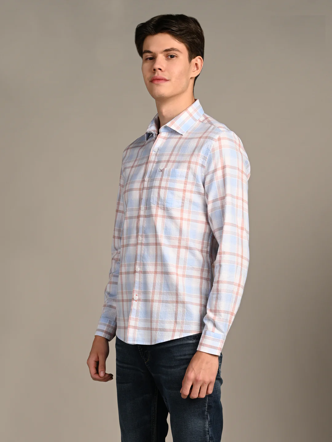 Full Sleeves Slim Fit Sky Dobby Structured Checks Shirt - Image 6
