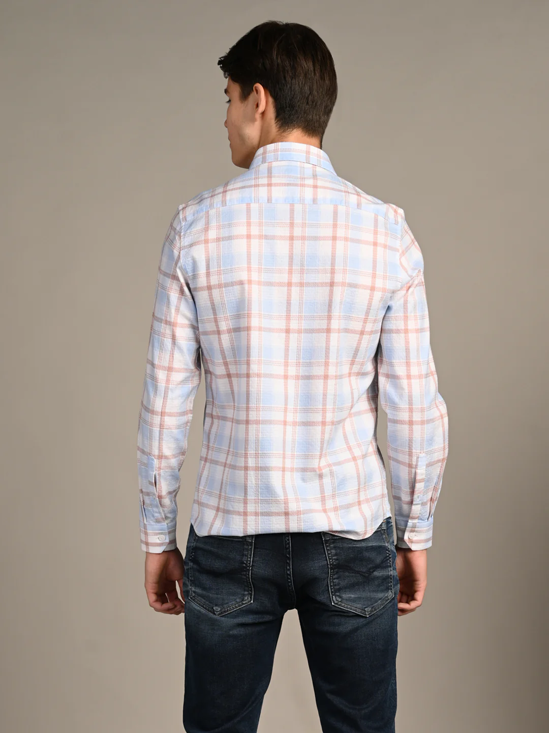 Full Sleeves Slim Fit Sky Dobby Structured Checks Shirt - Image 7